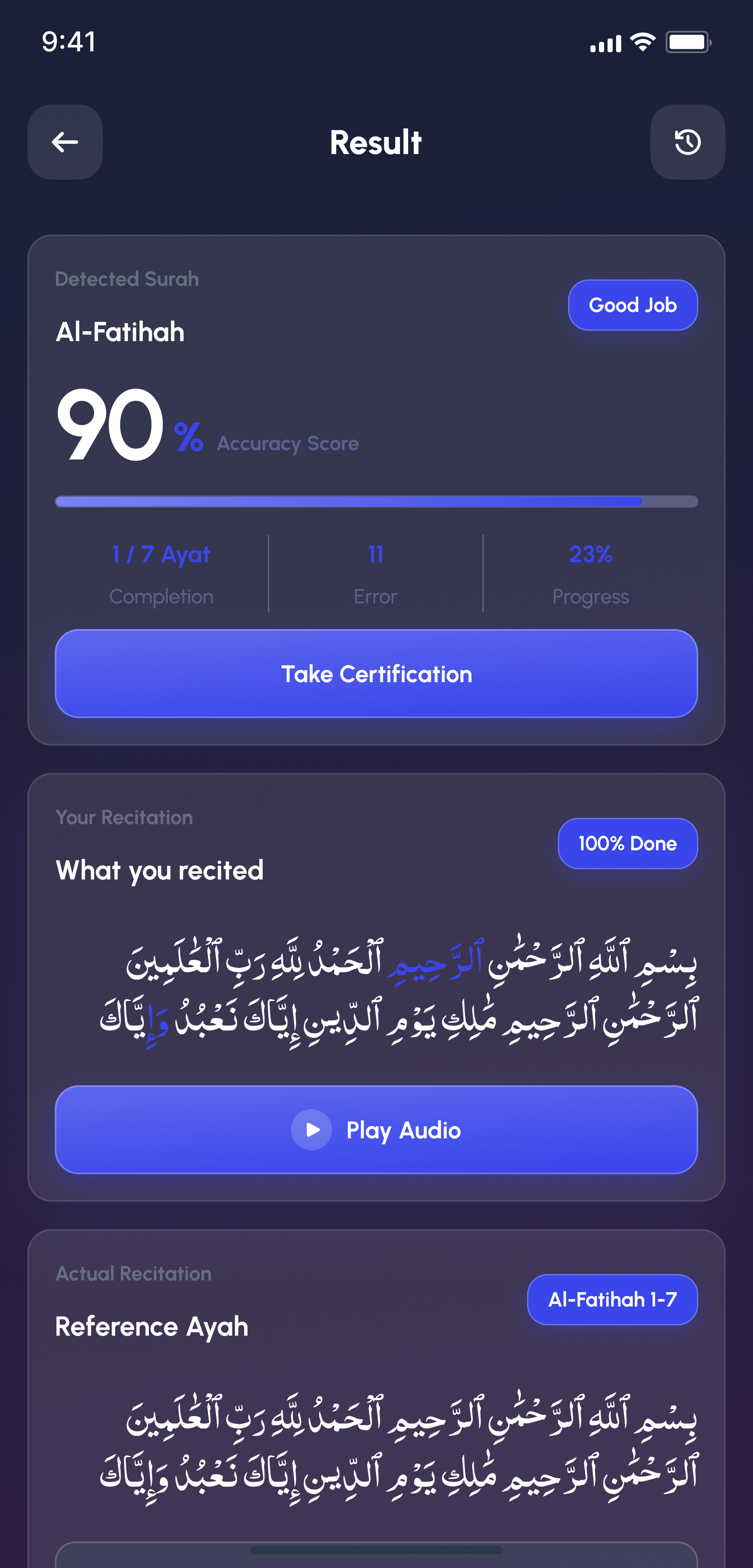 Alafasy AI Tasmi' Checker result screen with accuracy score and error breakdown