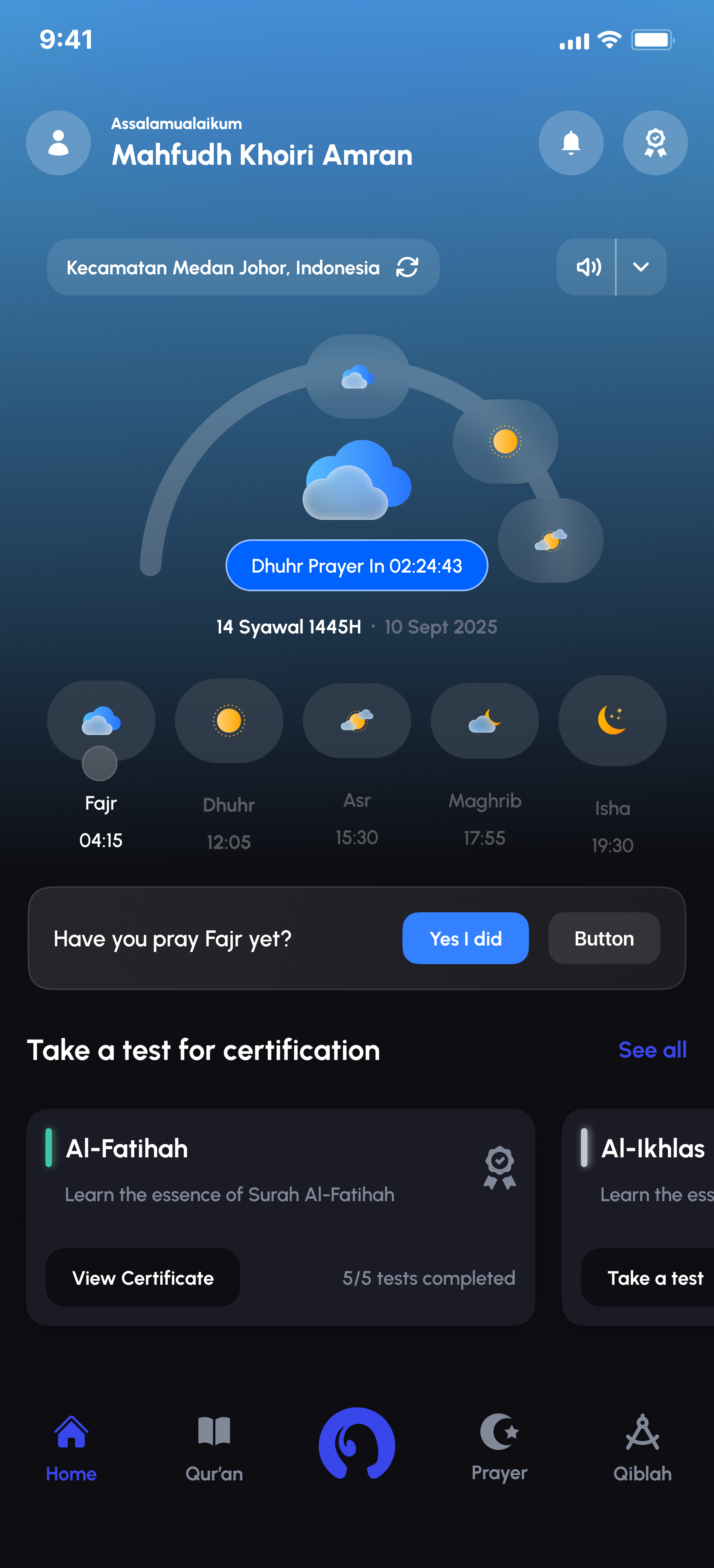 Alafasy home dashboard in pale morning blue theming