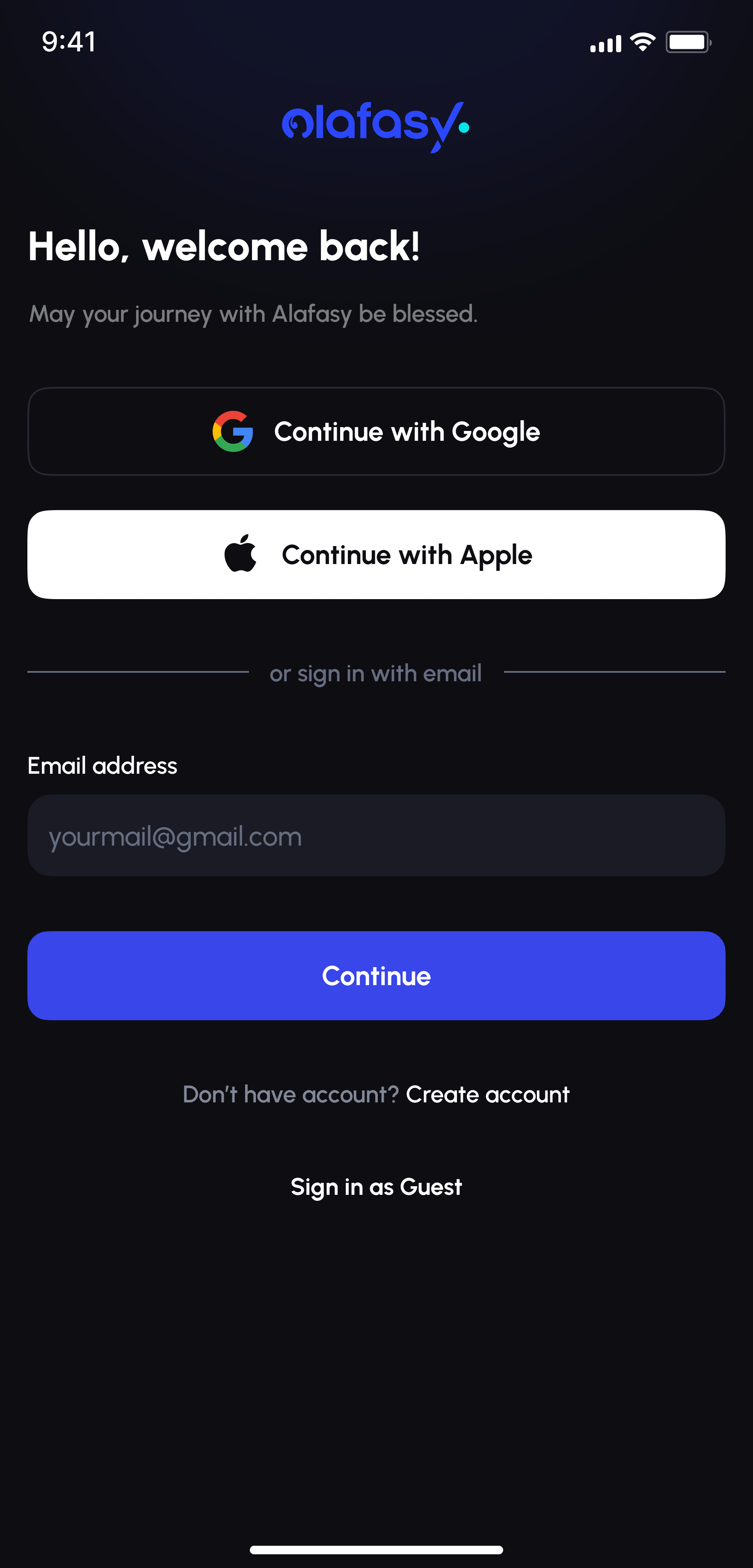 Alafasy login screen with Google, Apple, and email sign-in
