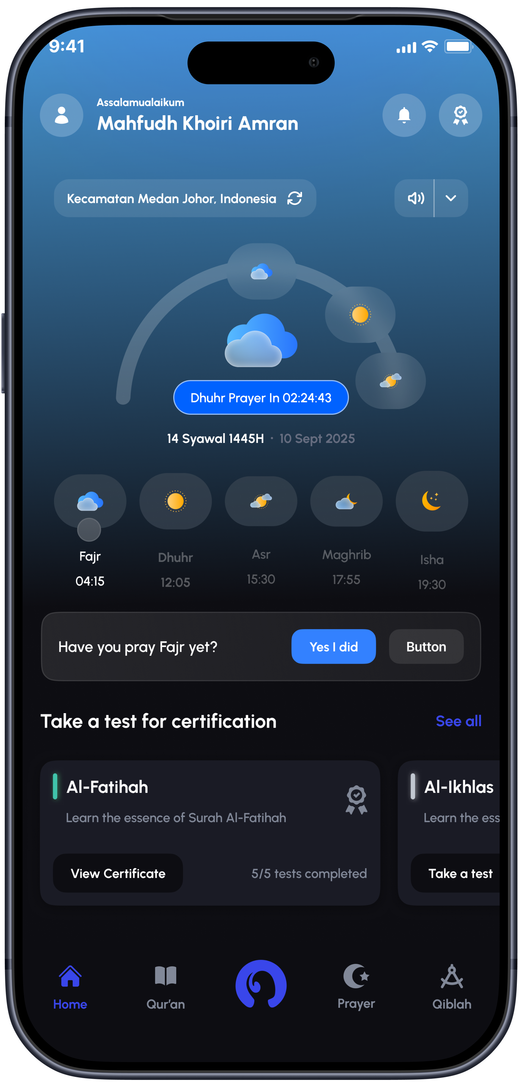 Alafasy prayer times app shown in an iPhone frame
