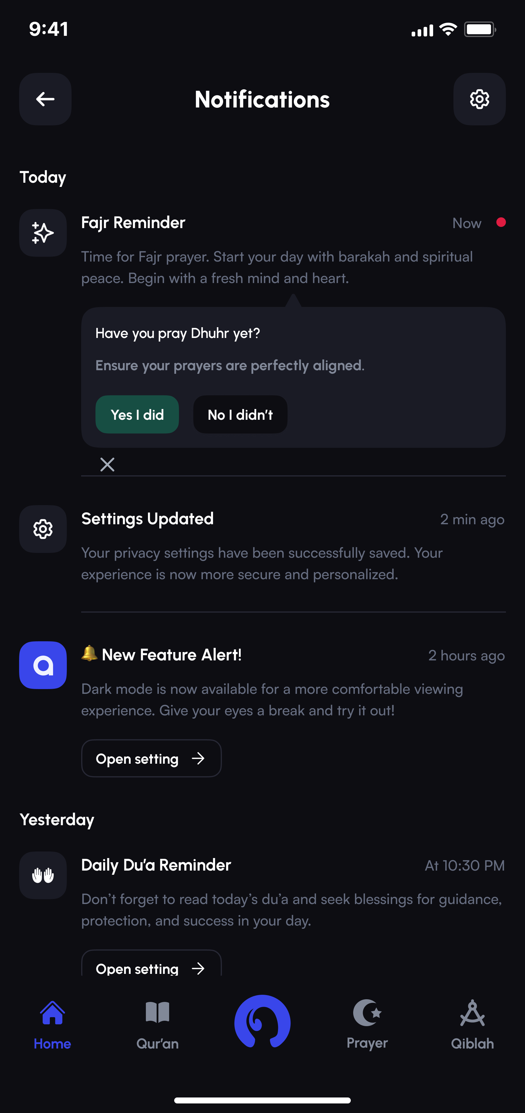 Alafasy notifications screen with prayer reminders and alerts