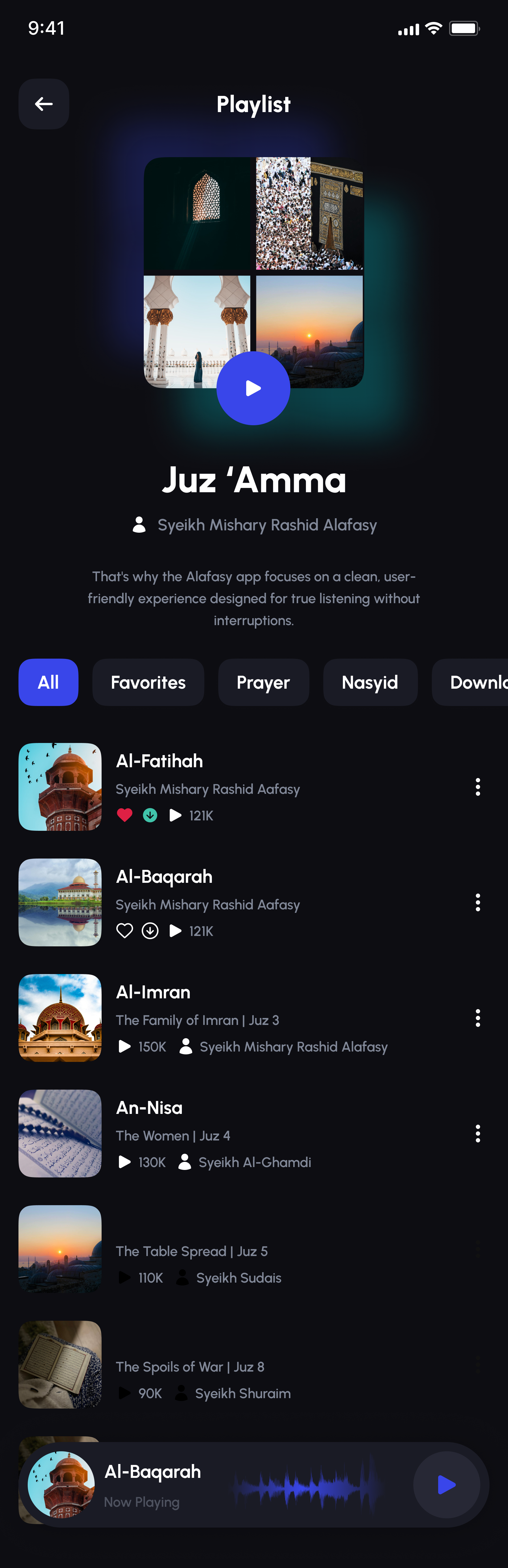Alafasy Juz 'Amma playlist screen