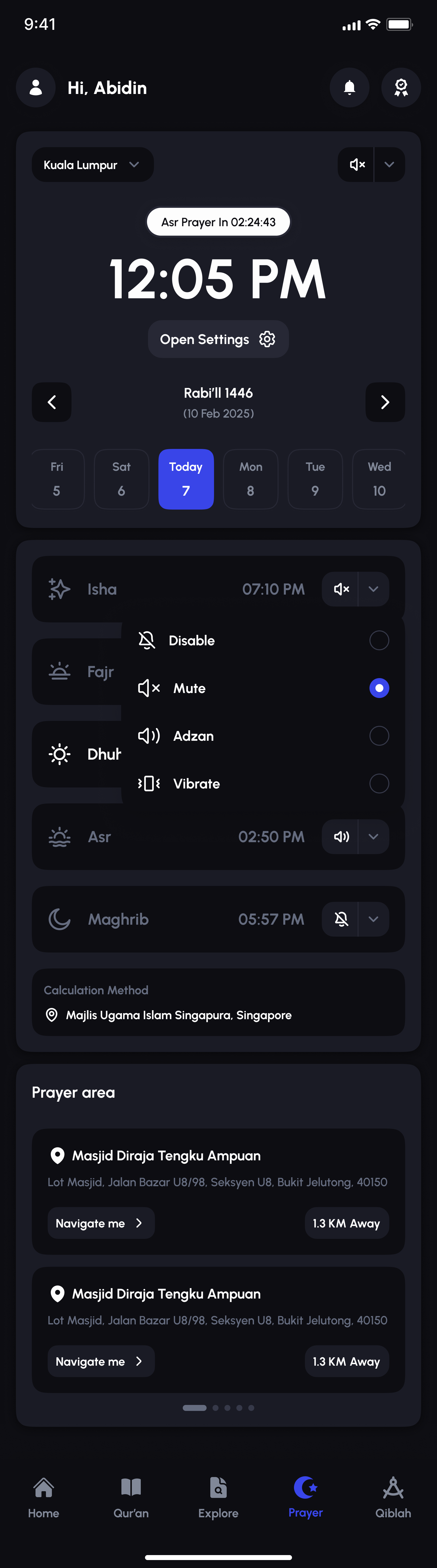 Alafasy prayer times screen with per-prayer sound options