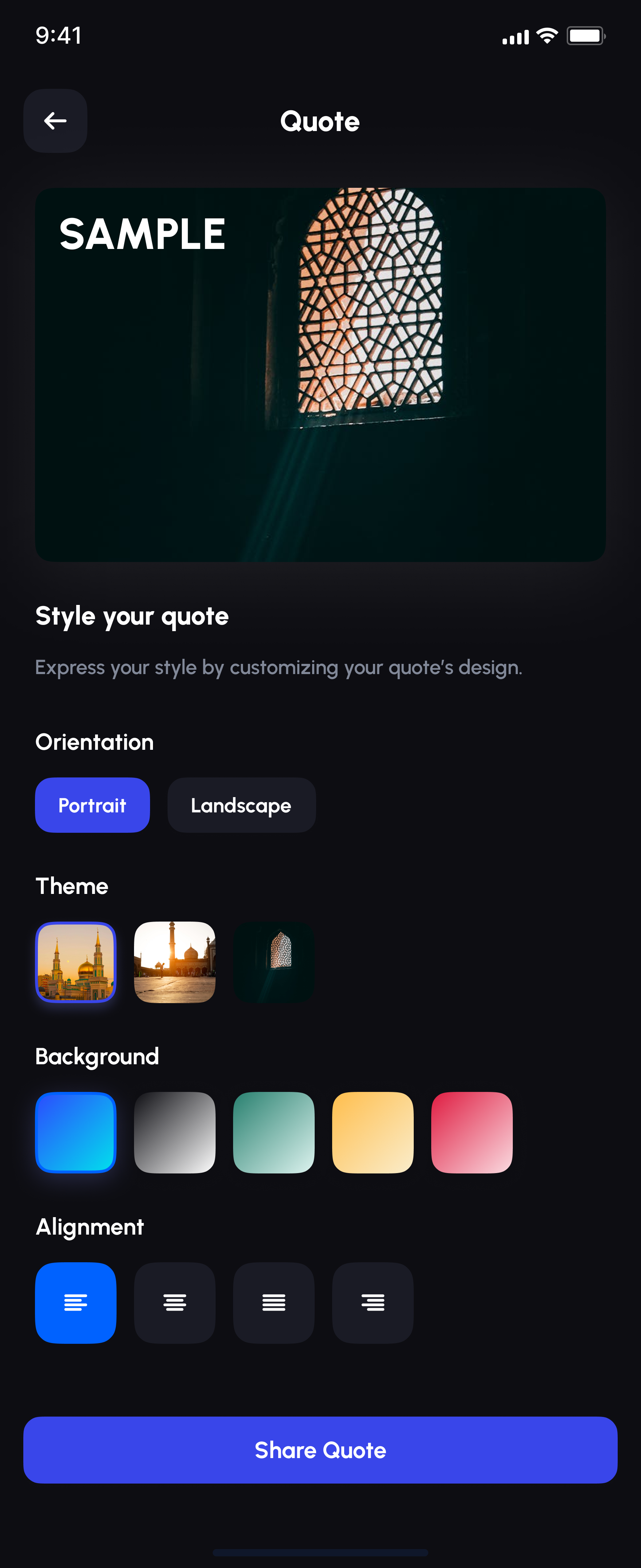 Alafasy quote styling screen with theme and background options