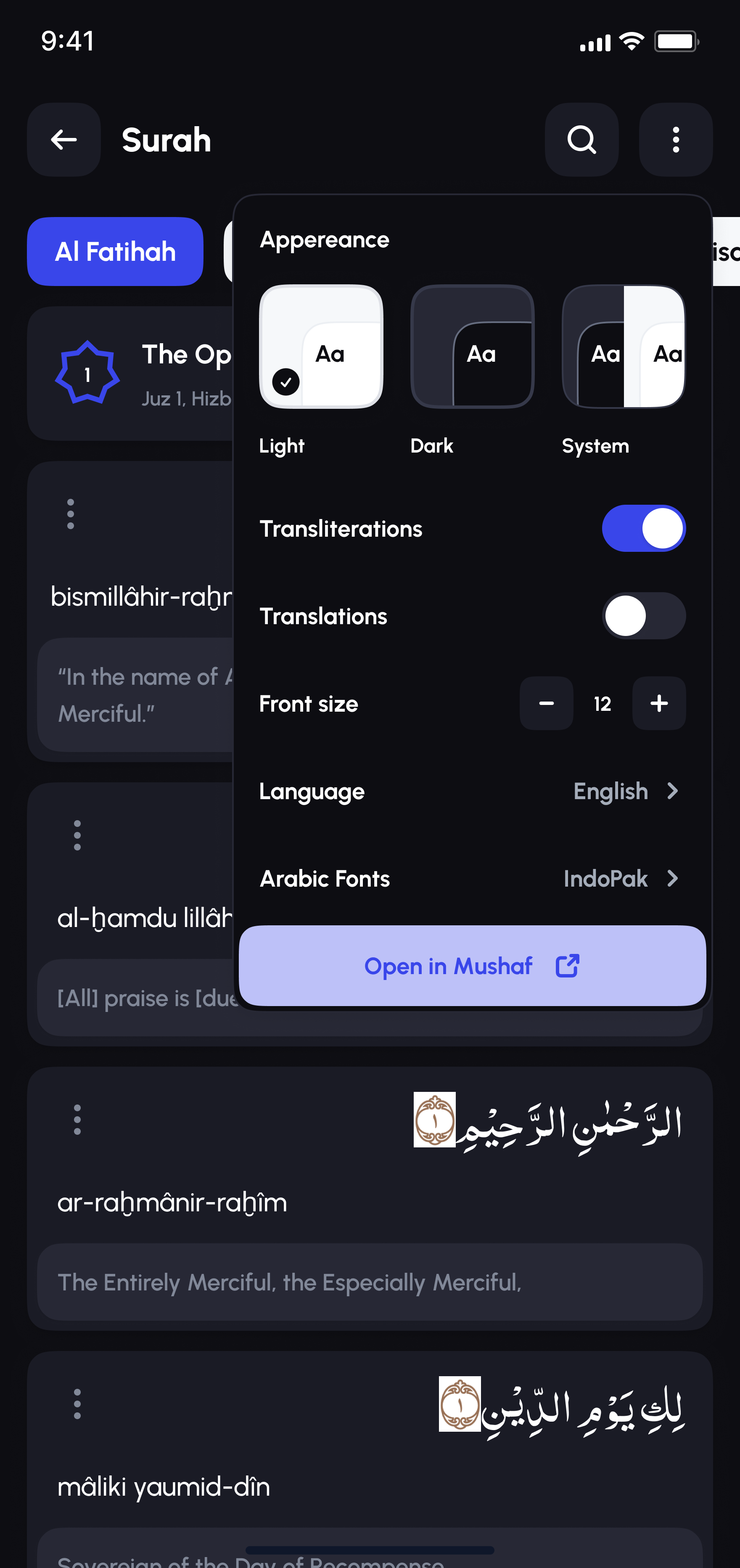Alafasy Qur'an reading screen with transliteration and translation toggles