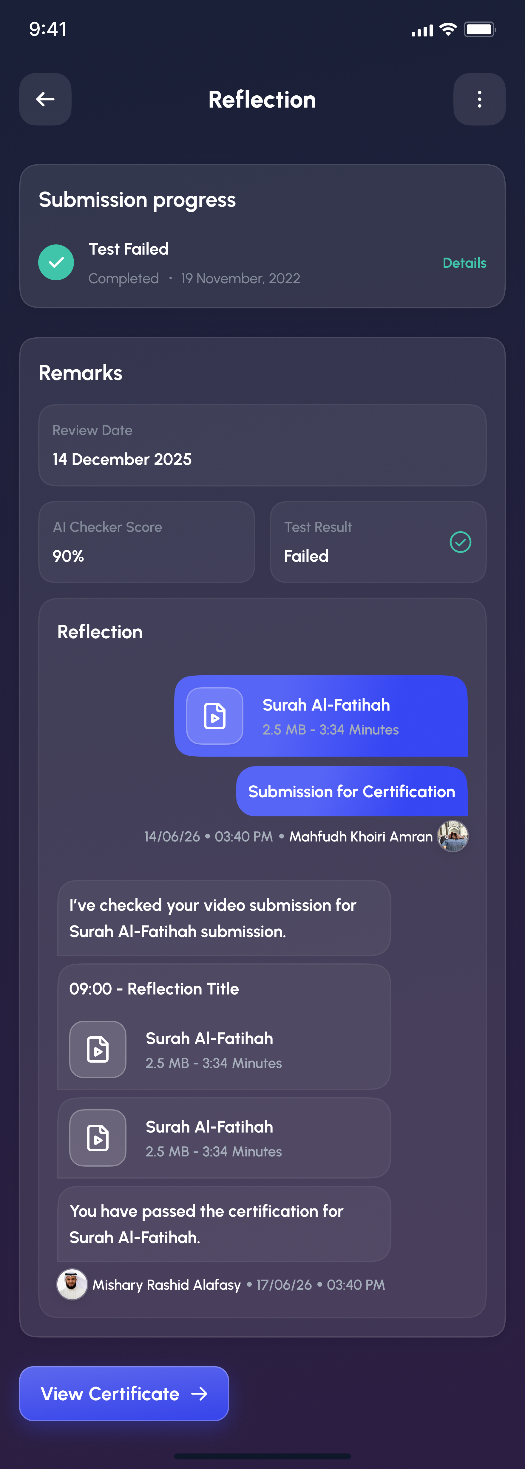 Alafasy certification reflection and remarks screen