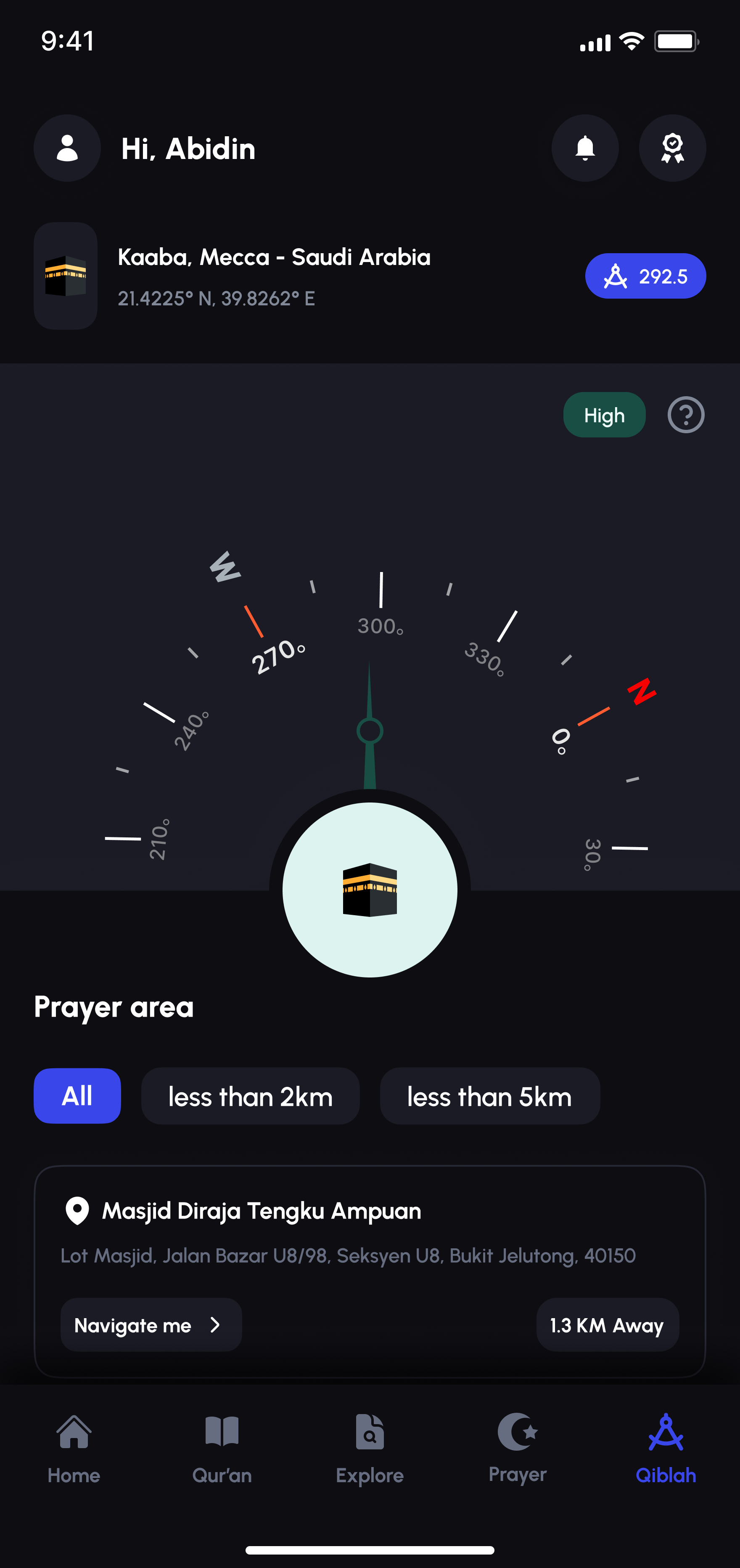 Qiblah compass confirming perfect alignment, light mode