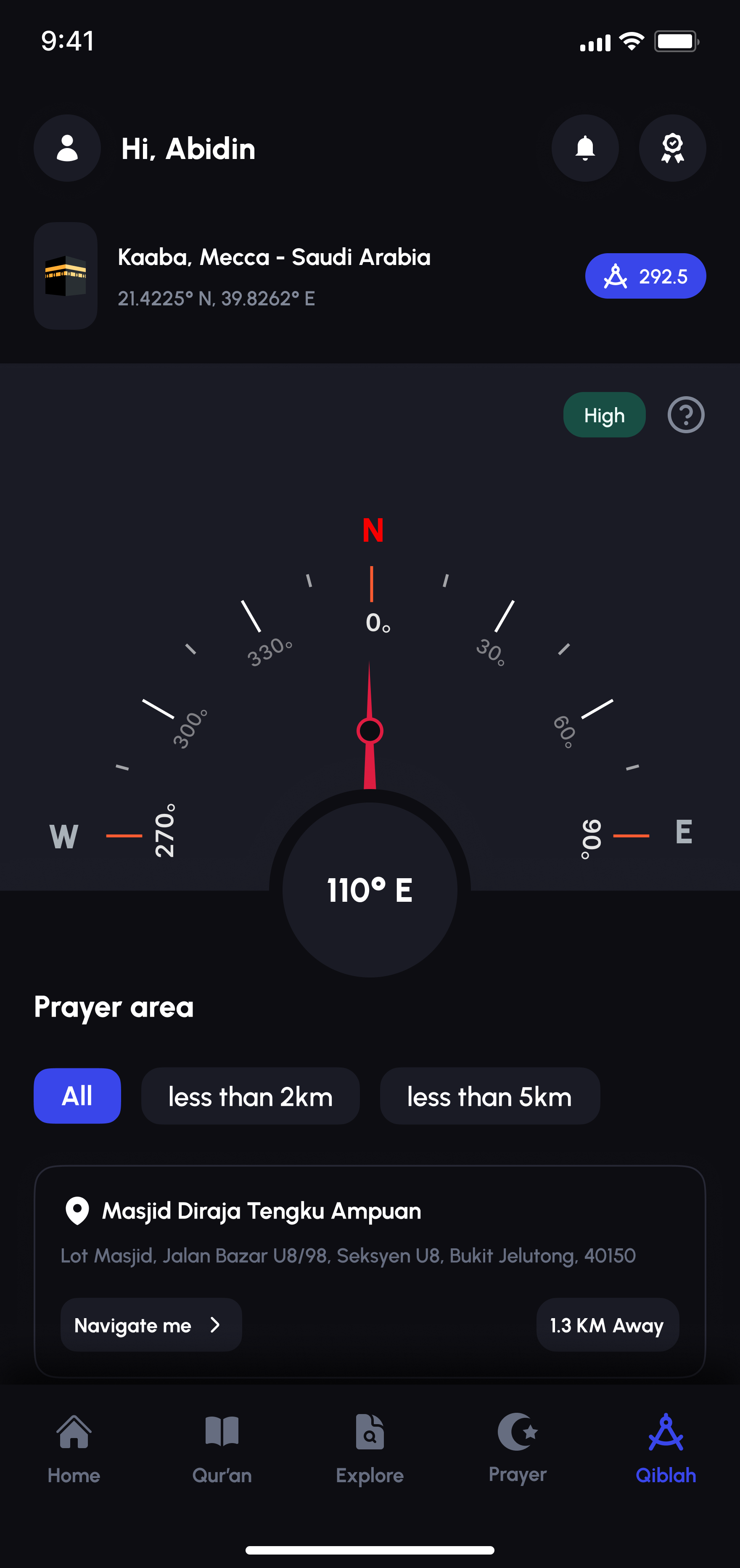Qiblah compass screen showing live heading and nearest mosque, dark mode