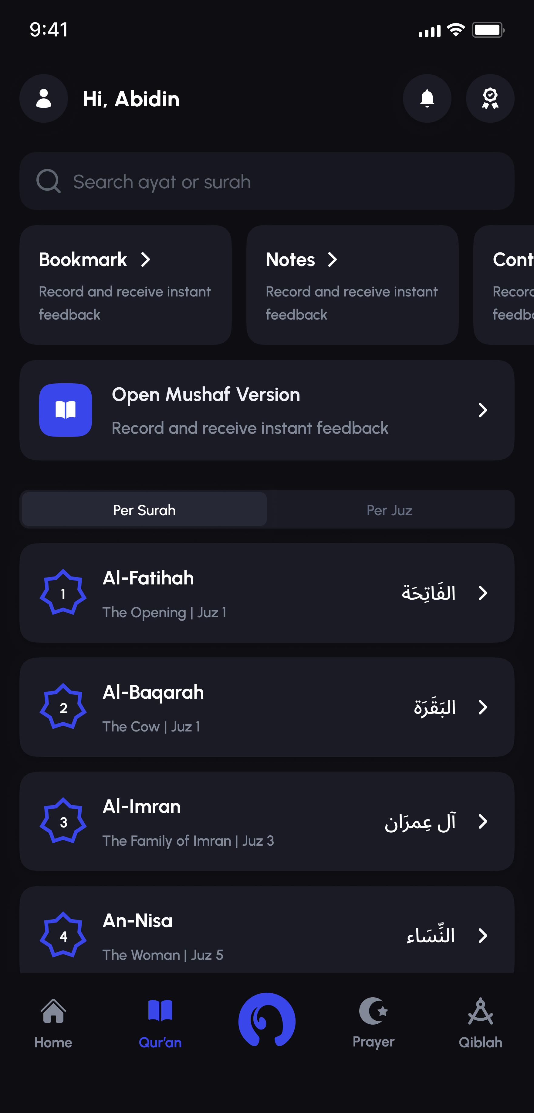 Alafasy Qur'an tab with surah list and continue reading