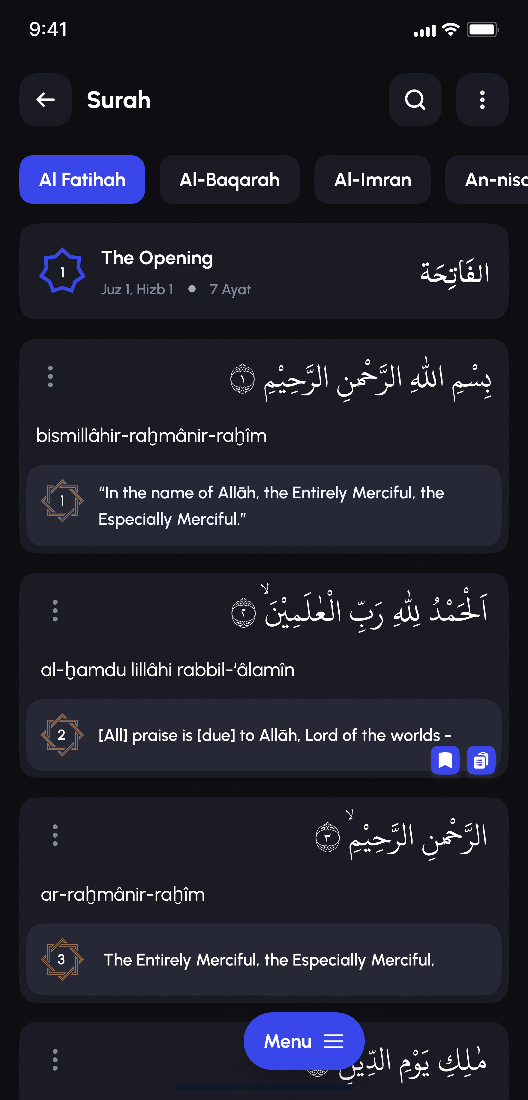 Alafasy surah reading screen with Arabic text and translation