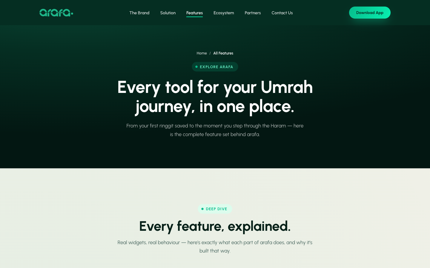Arafa features page listing every tool in the app