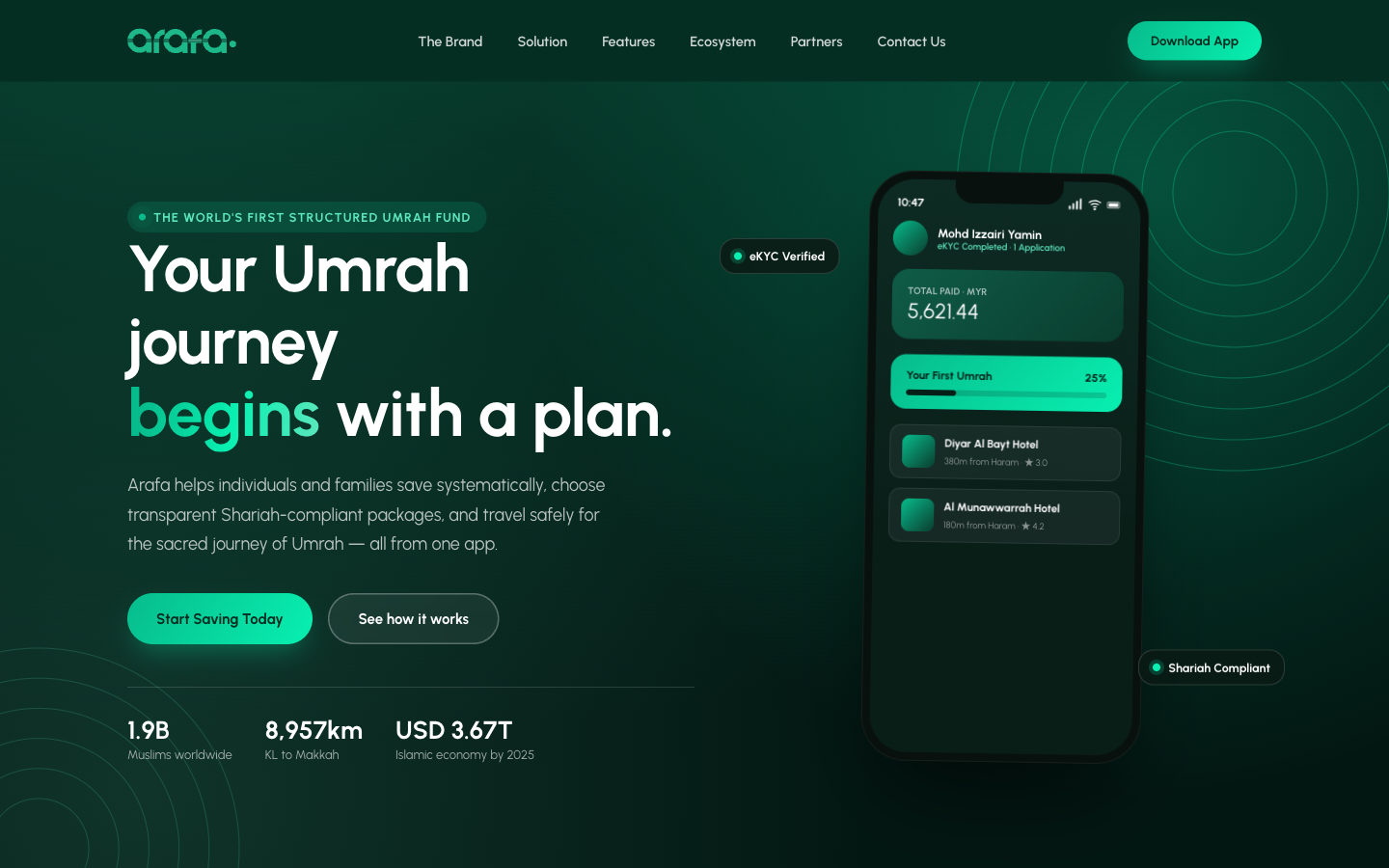 Arafa, a Shariah-compliant Umrah savings app, hero screen
