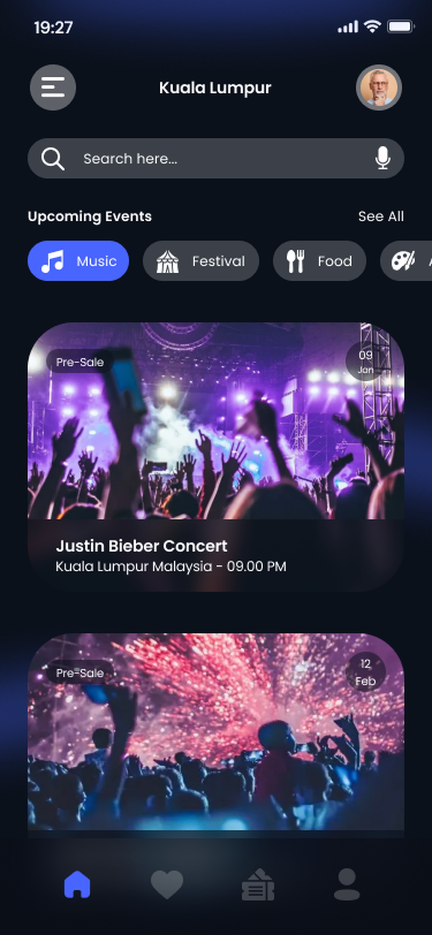 Event For You app home feed with upcoming events
