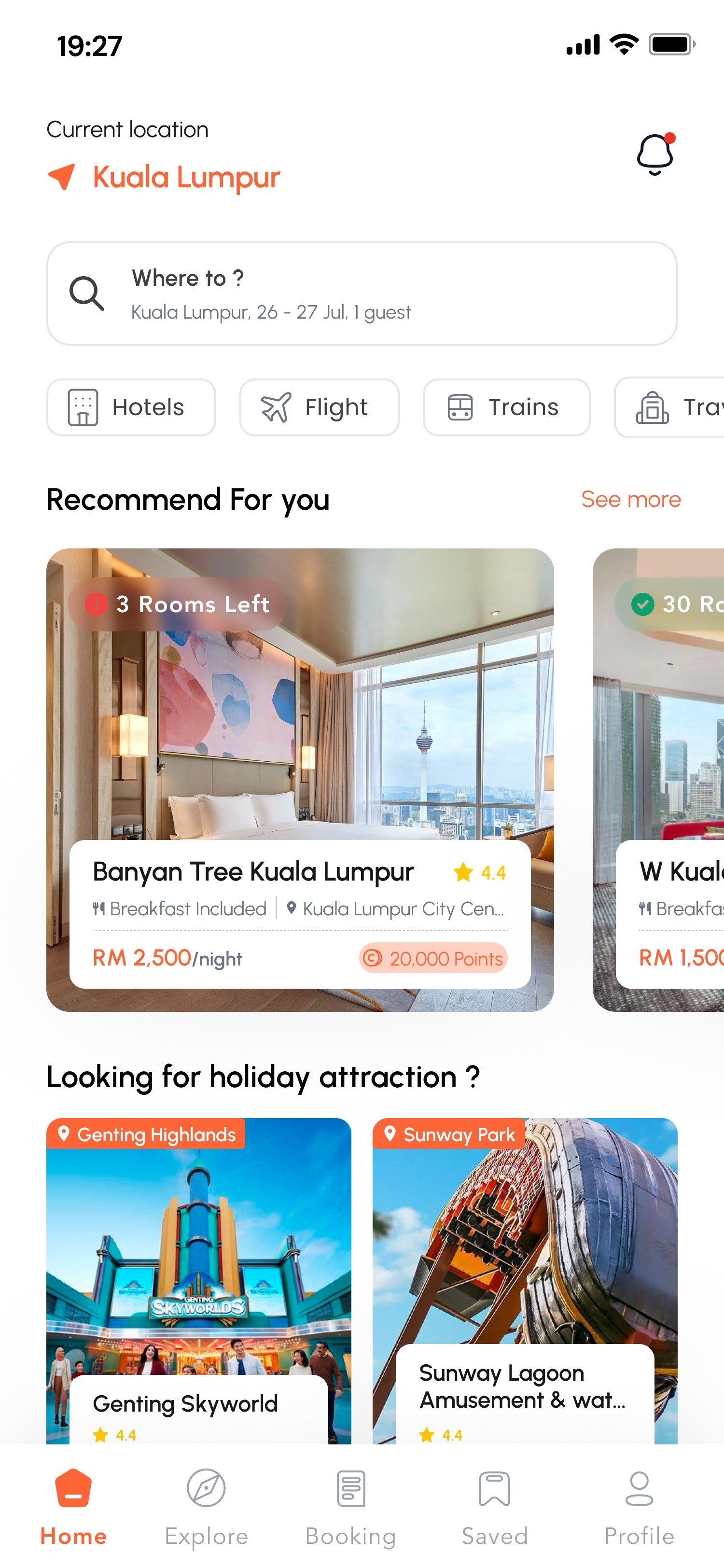 On The Go app home screen with hotel search