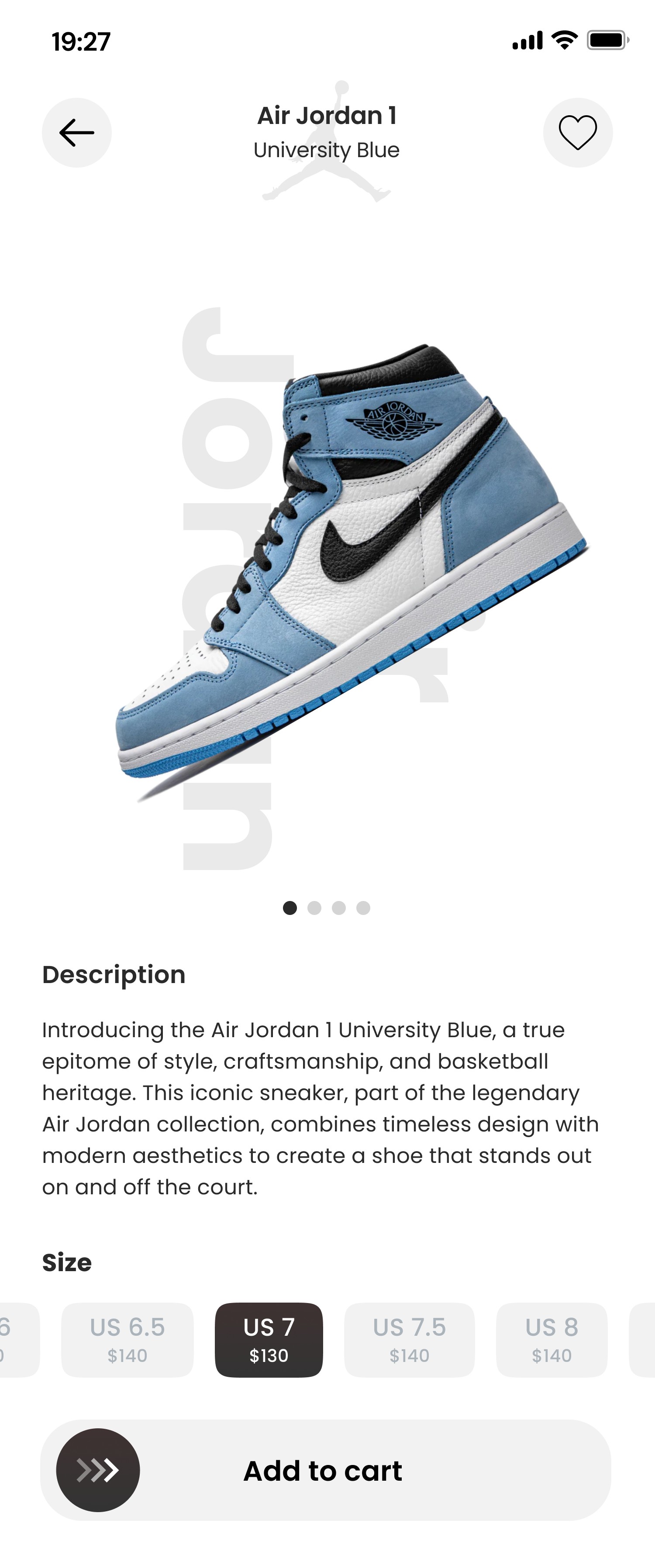 SneakersHub mobile app Air Jordan 1 detail screen