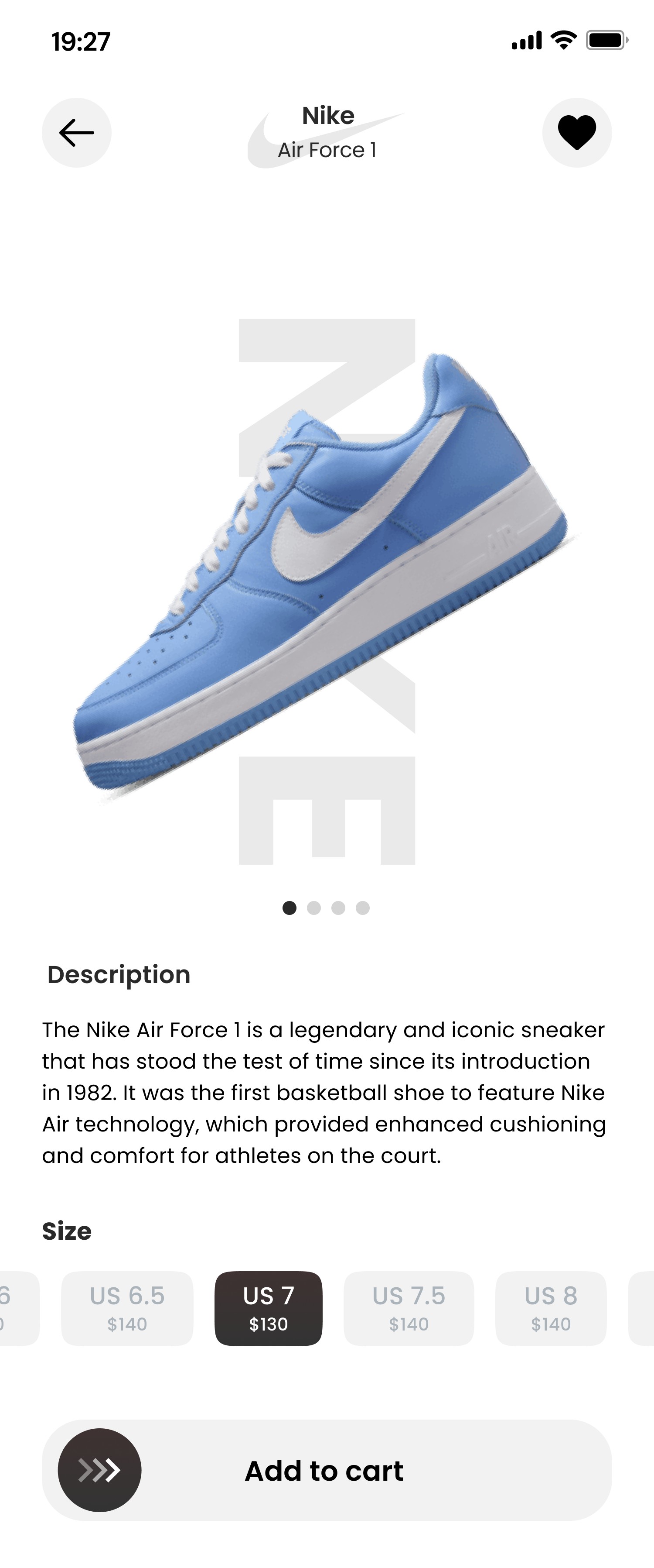 SneakersHub mobile app Nike Air Force 1 detail screen
