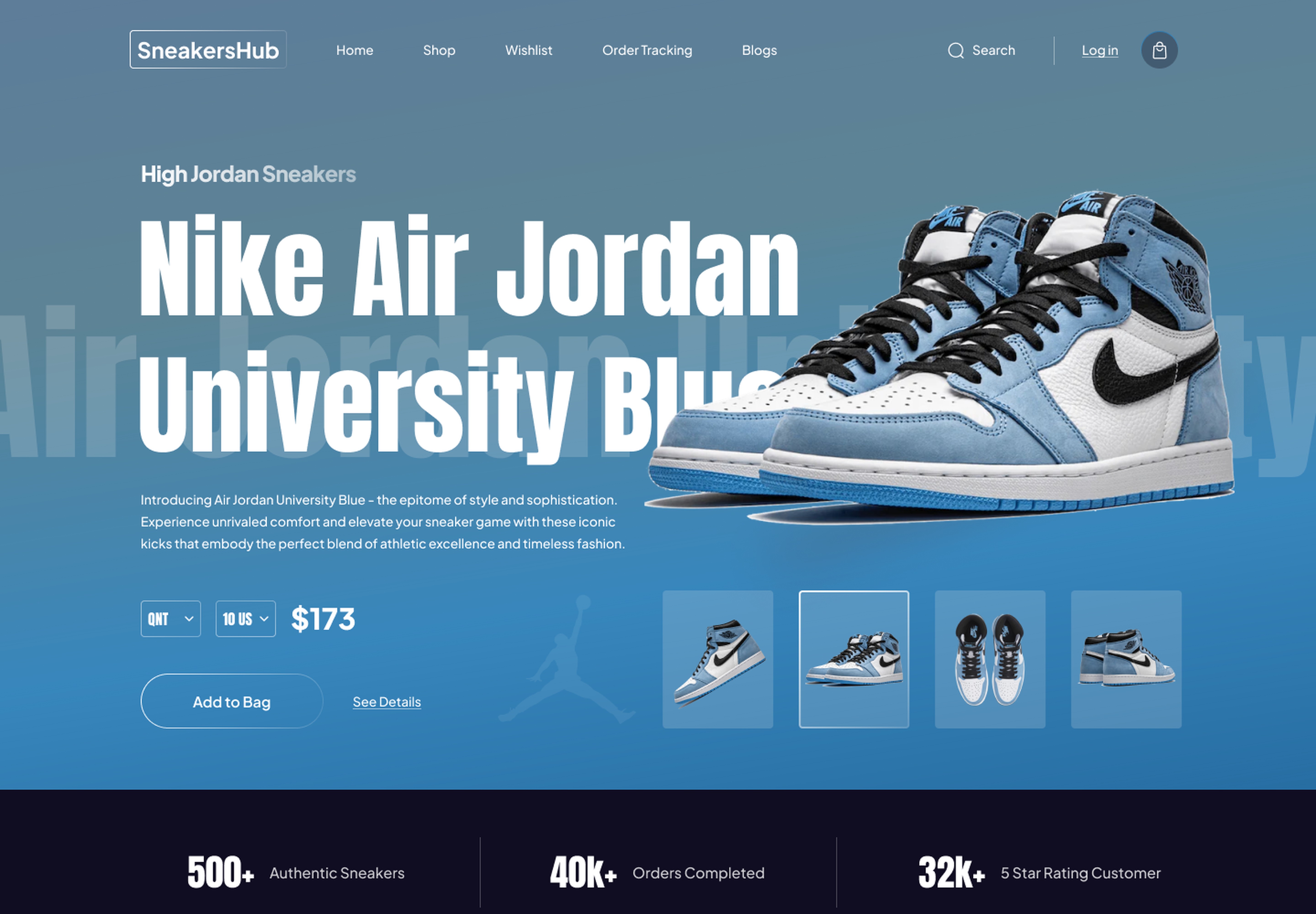 SneakersHub website hero, Nike Air Jordan product page