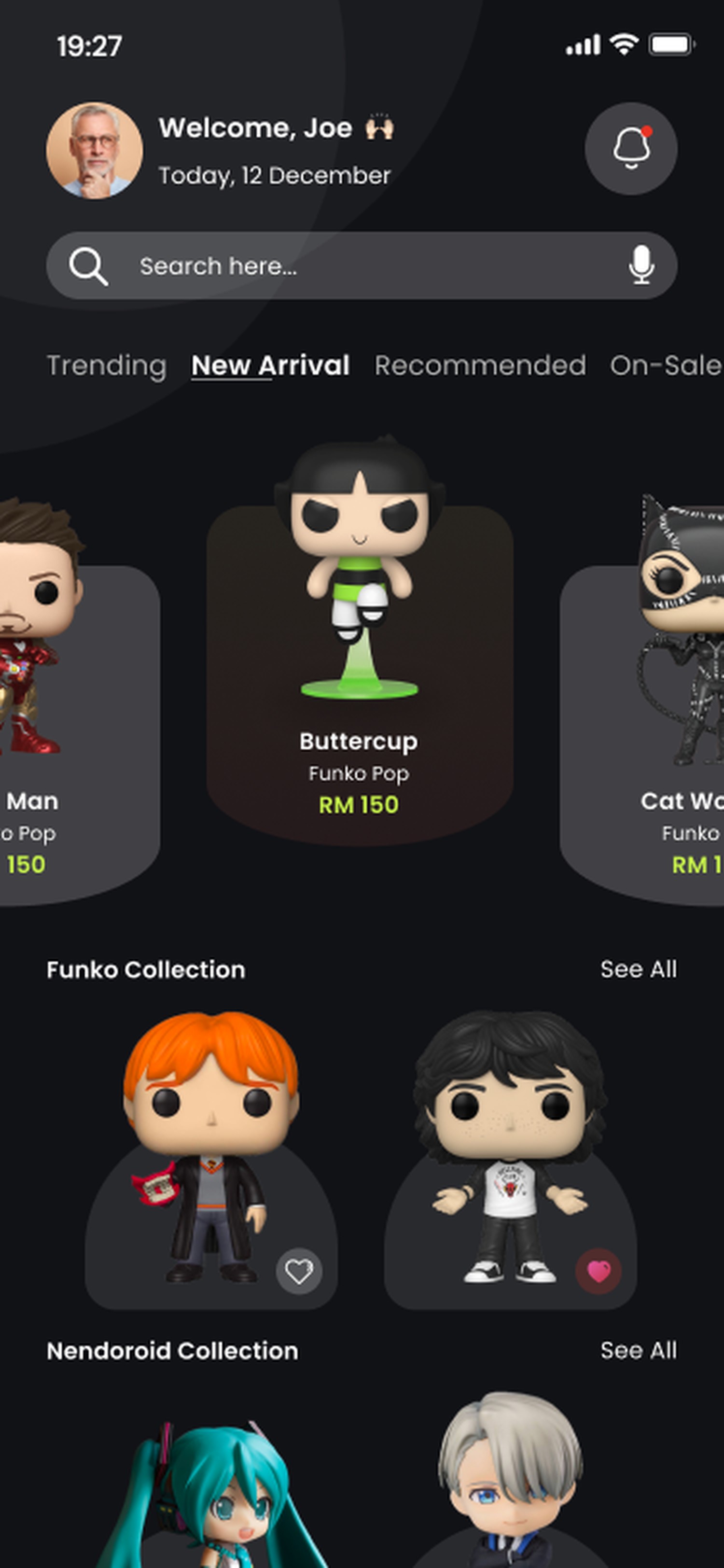 Toy store app home feed with Funko Pop collections