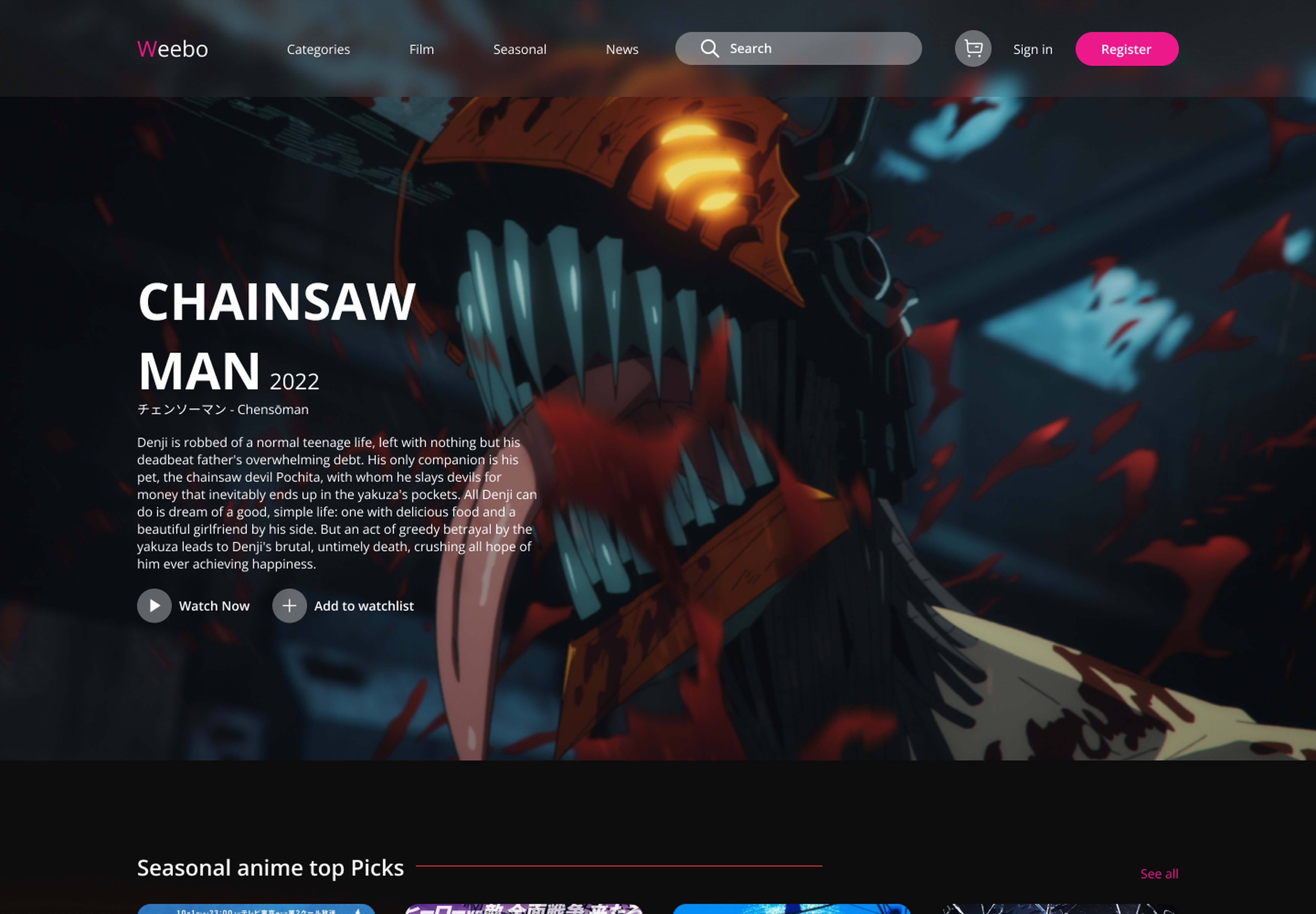 Weebo anime streaming website hero, Chainsaw Man featured title