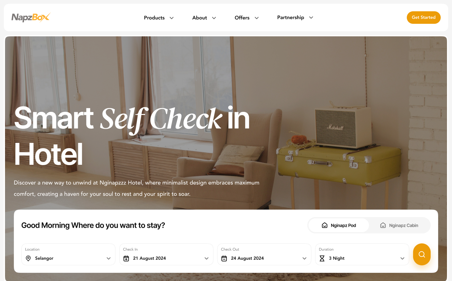 NapzBox homepage hero with a live-style booking widget