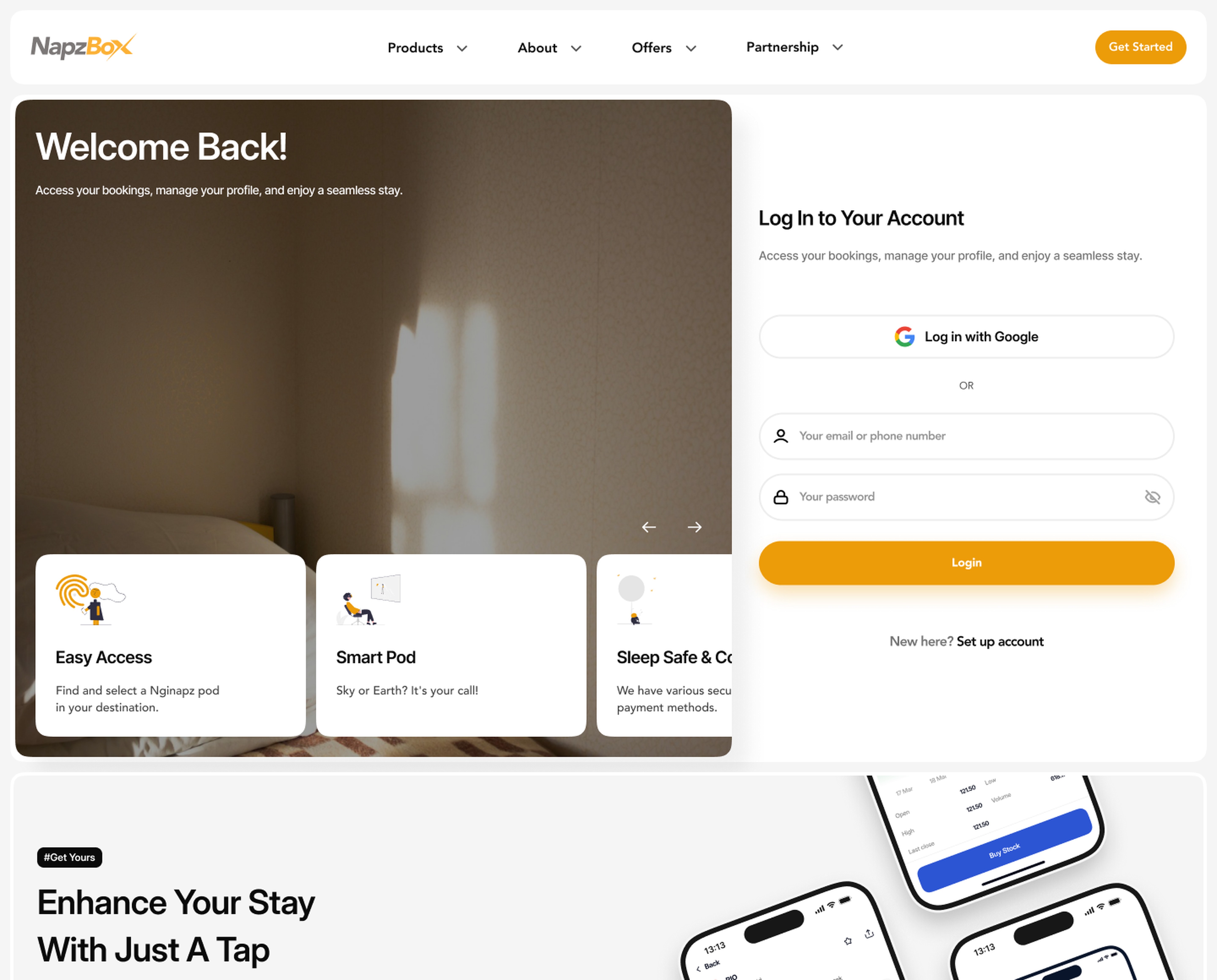 NapzBox login page with Google and email sign-in