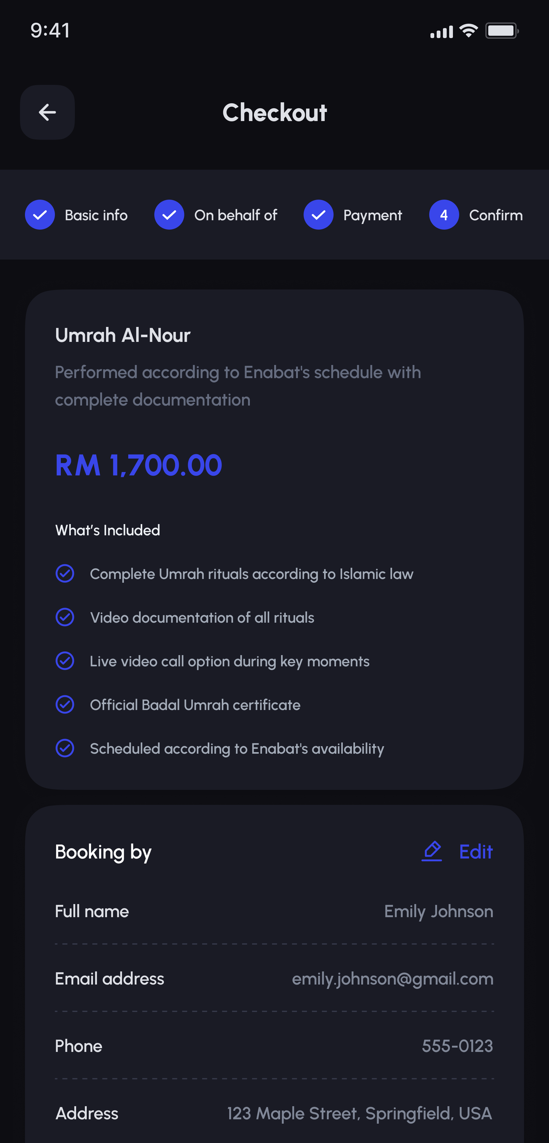 Ommri Badal Umrah final checkout confirmation with booking details