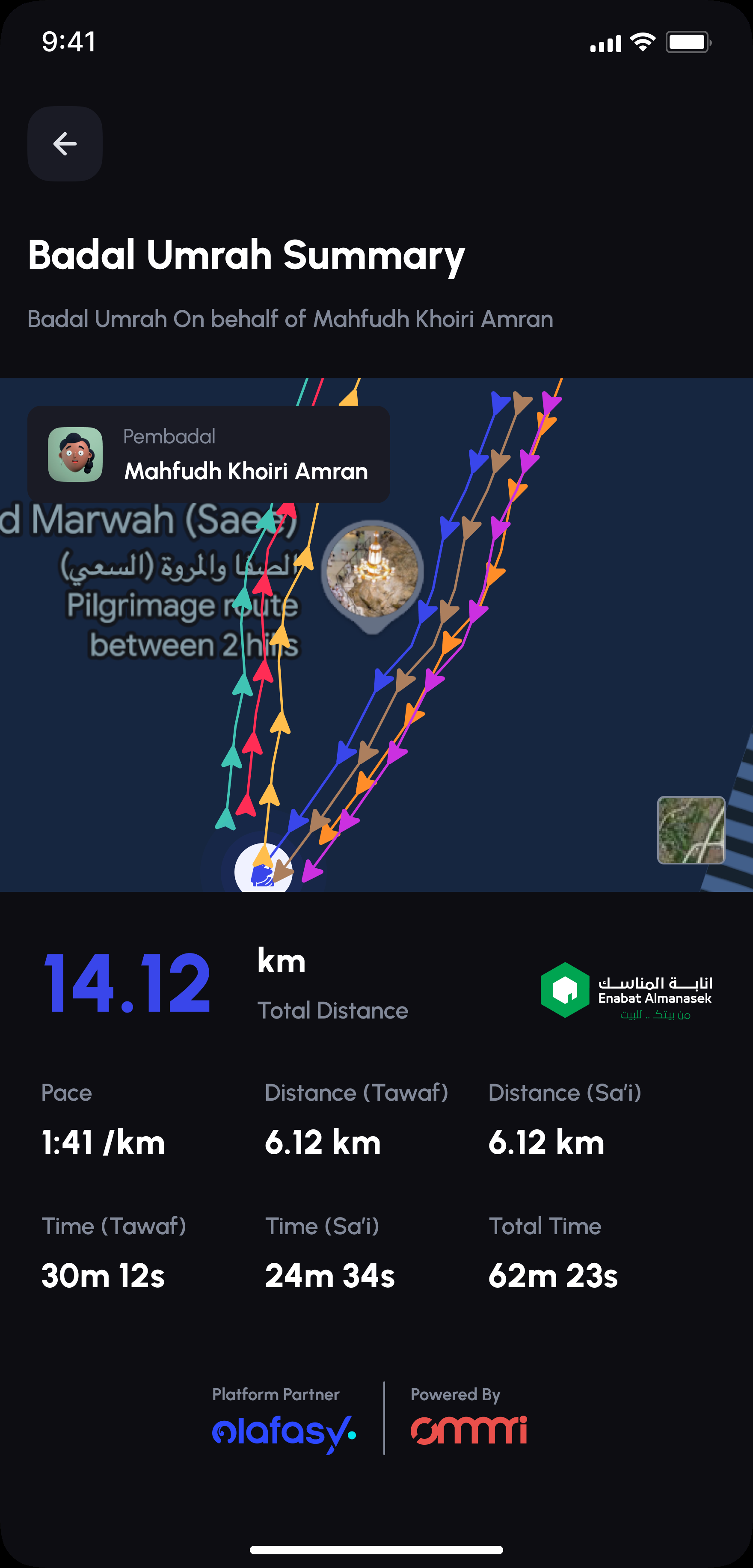 Ommri Badal Umrah summary with a GPS route map and distance breakdown