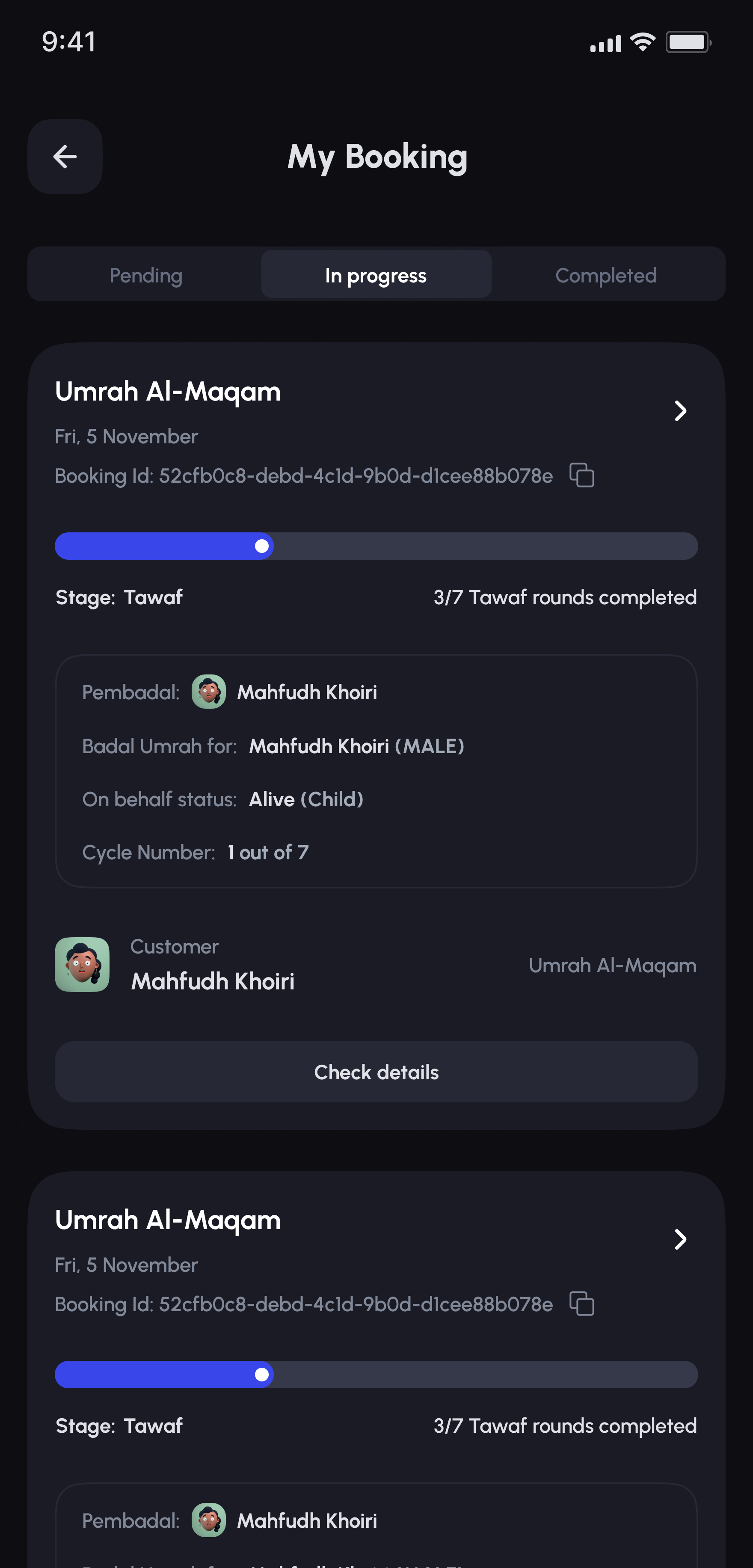 Ommri Badal Umrah My Booking screen with an in-progress Badal Umrah card