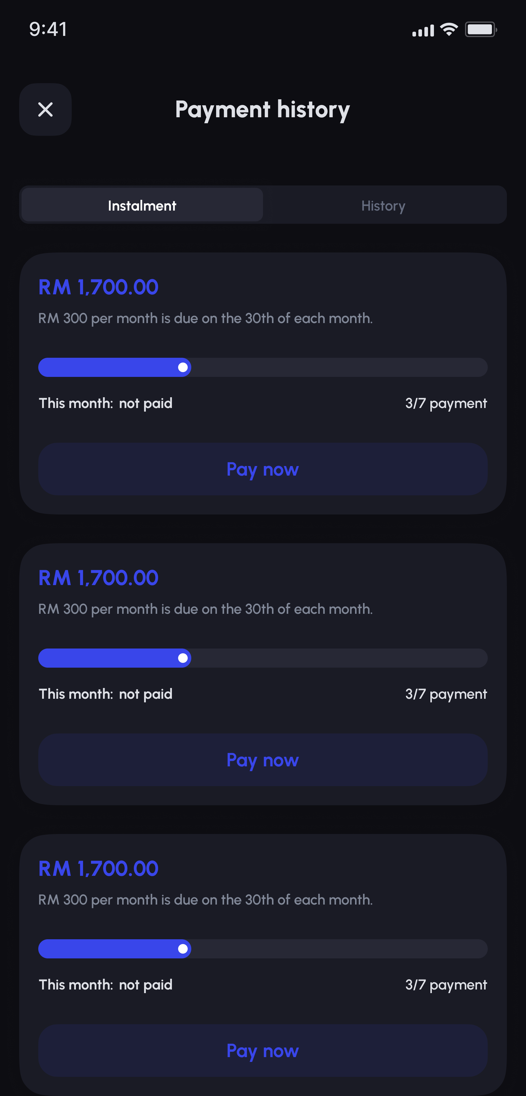 Ommri Badal Umrah payment history screen with installment cards