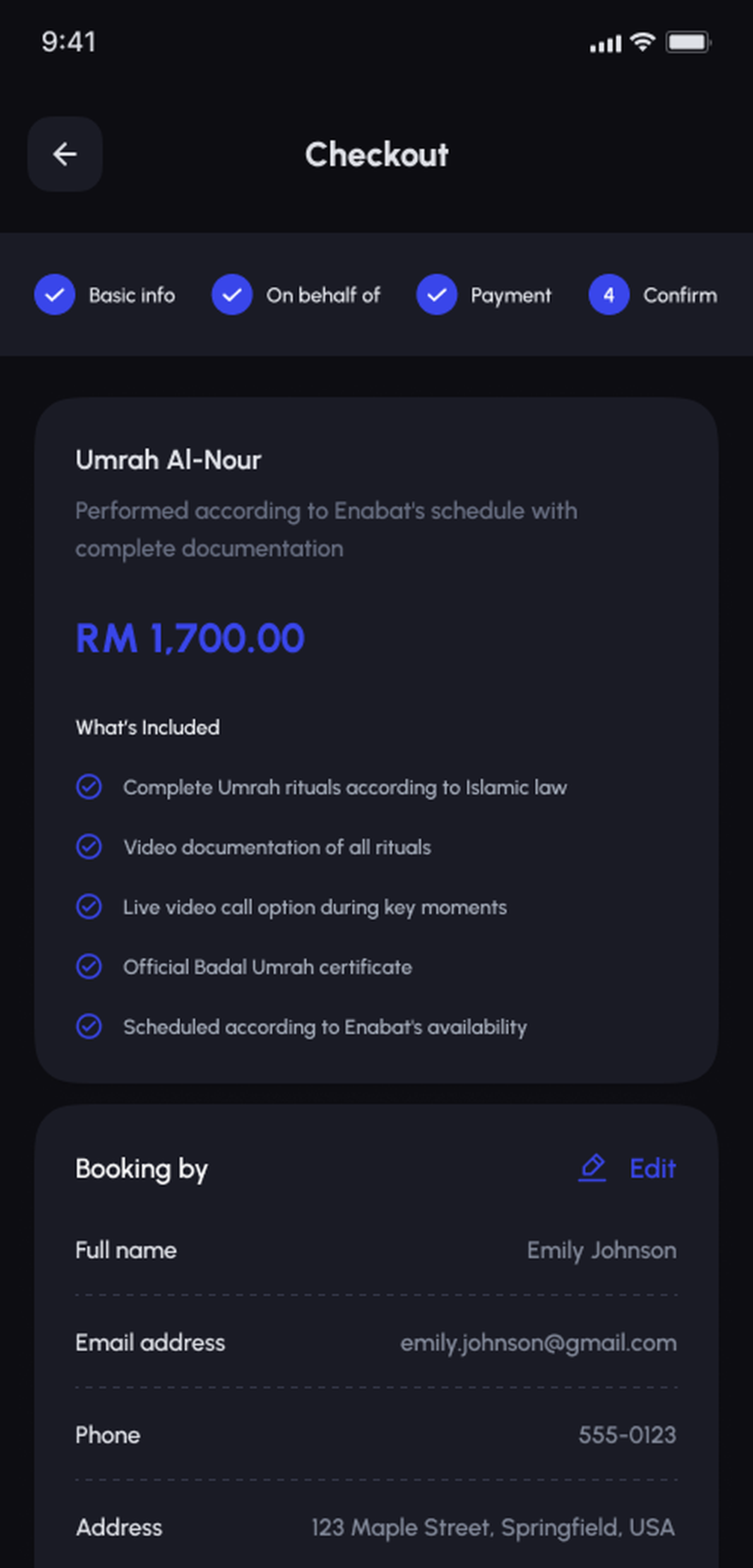 Ommri Badal Umrah final booking confirmation and review screen
