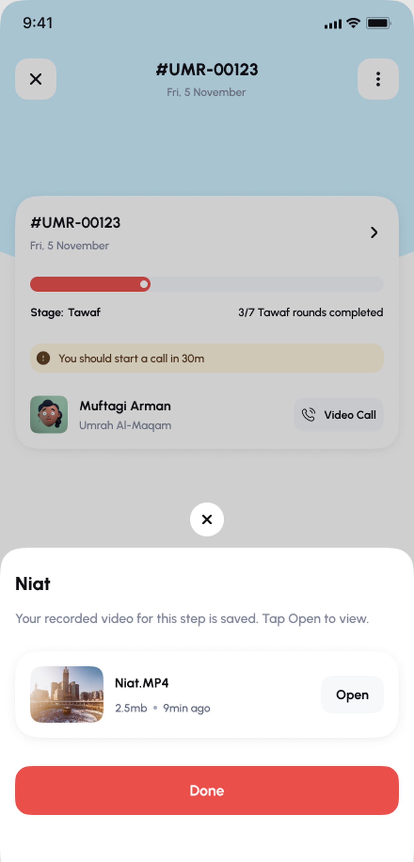 Ommri Badal Umrah pembadal live tracking card with a video call reminder
