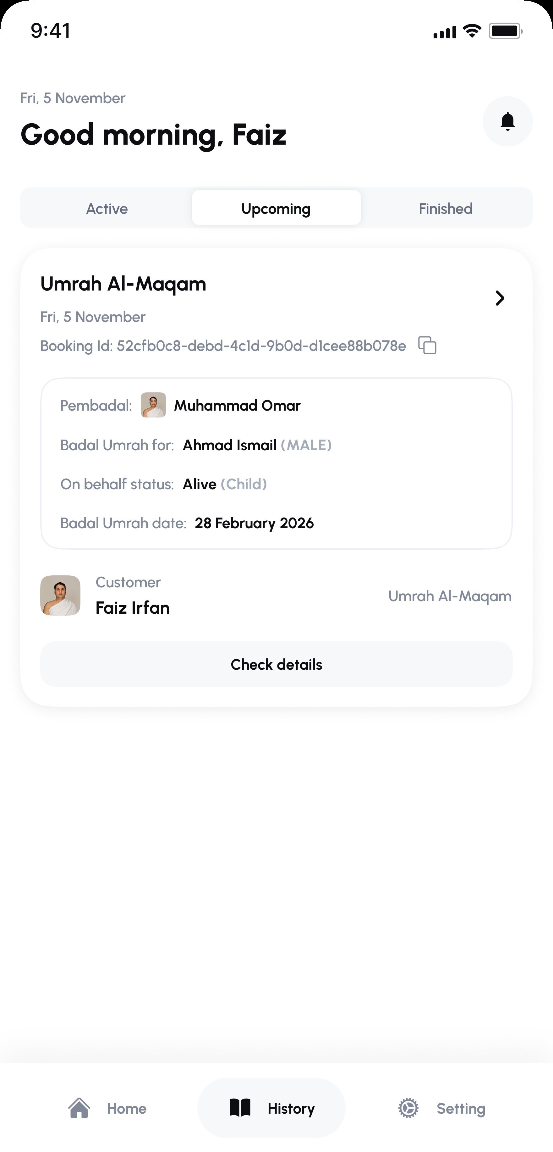 Ommri Badal Umrah pembadal task list with Active, Upcoming, and Finished tabs