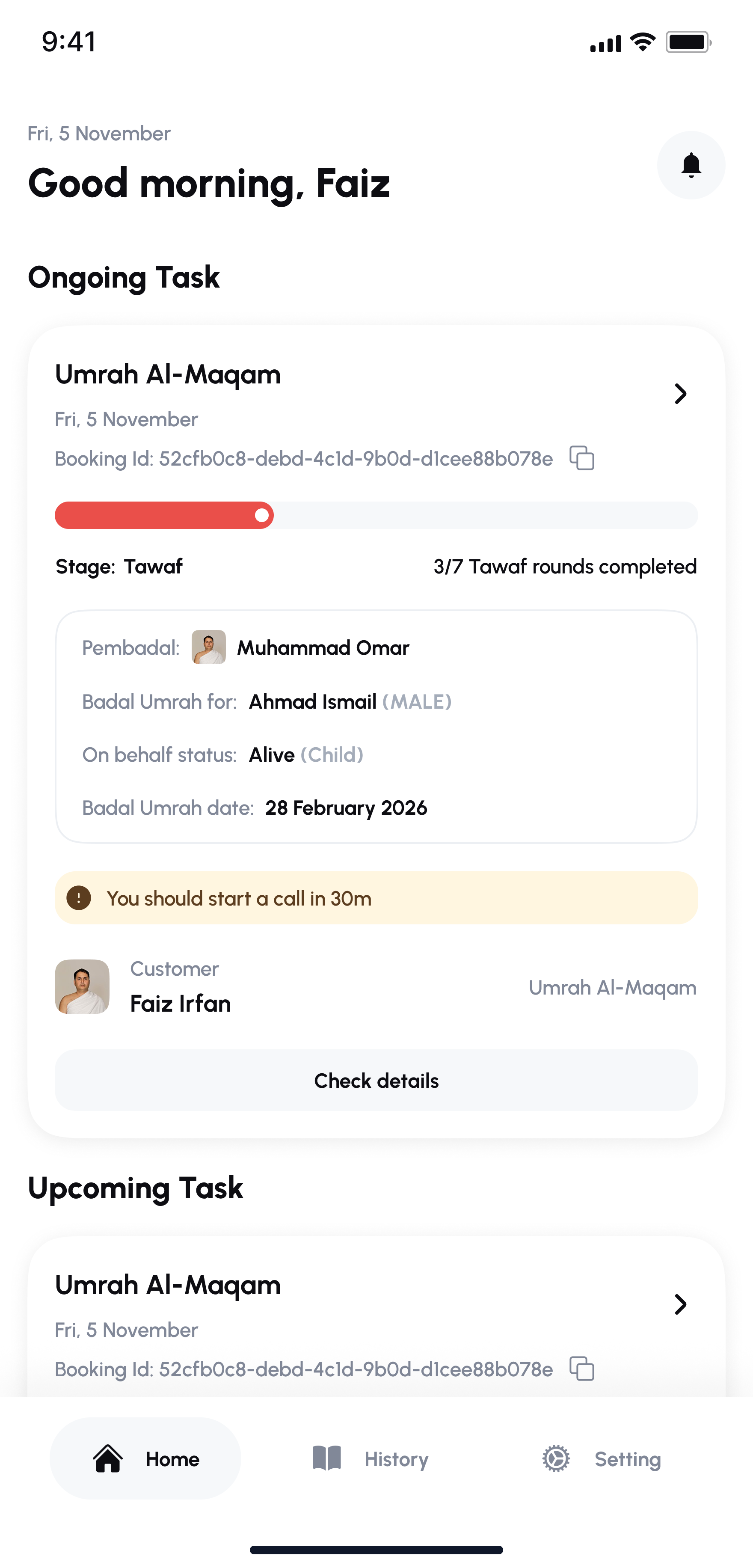 Ommri Badal Umrah pembadal home dashboard with ongoing and upcoming tasks