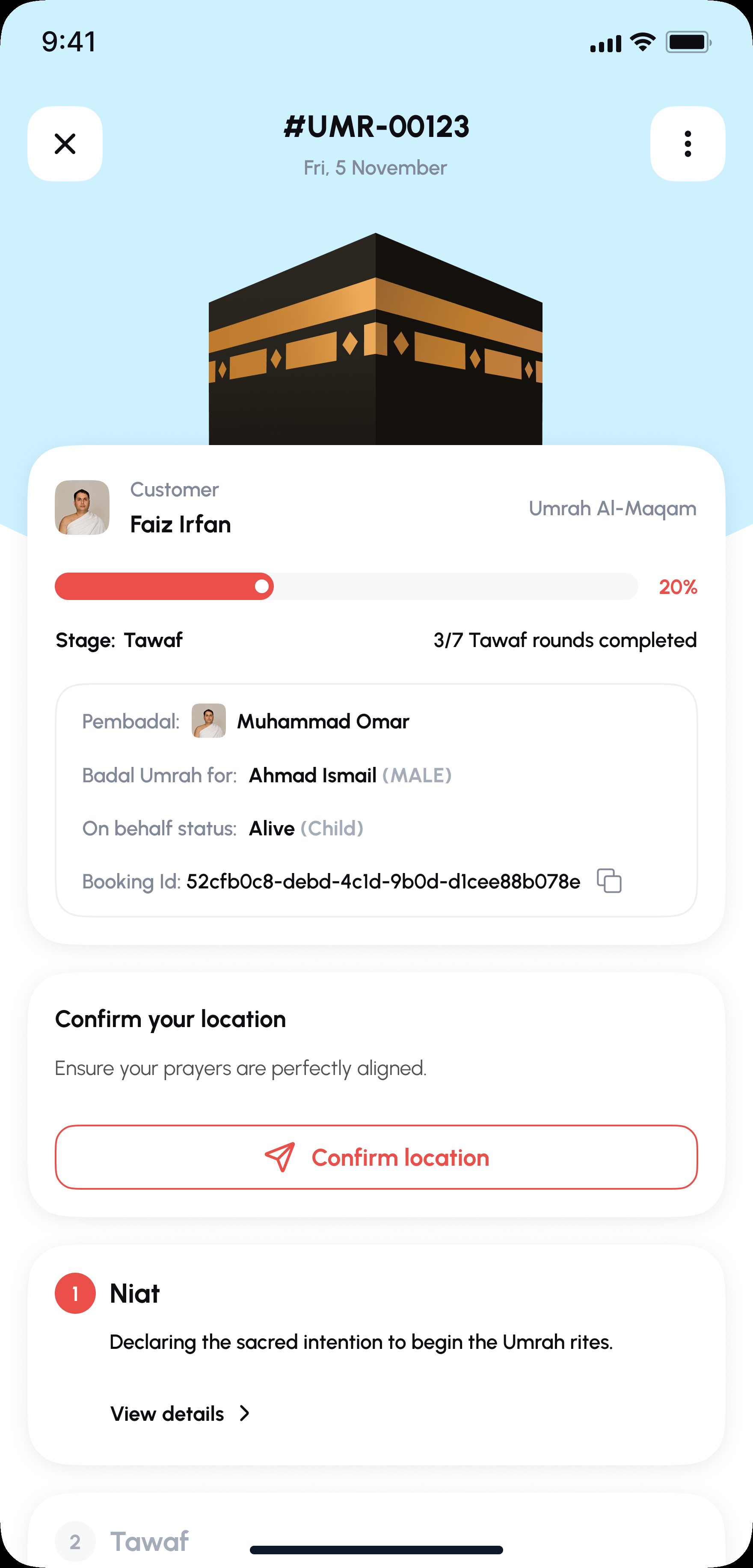 Ommri Badal Umrah pembadal task detail screen with customer information and ritual steps