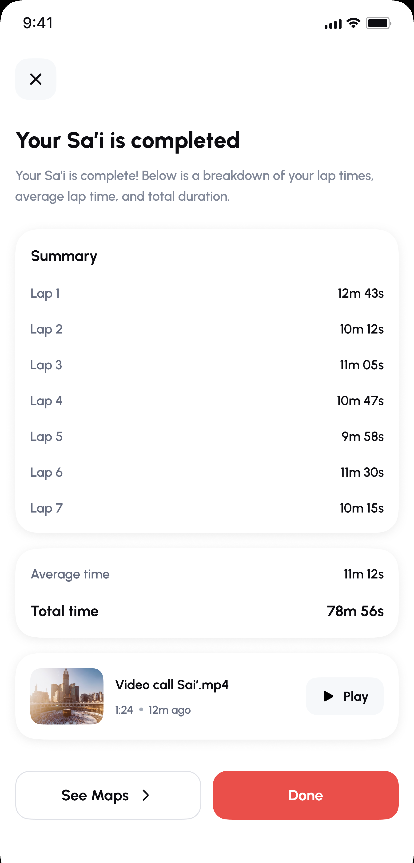 Ommri Badal Umrah Sa'i-completed screen with a lap-by-lap time breakdown