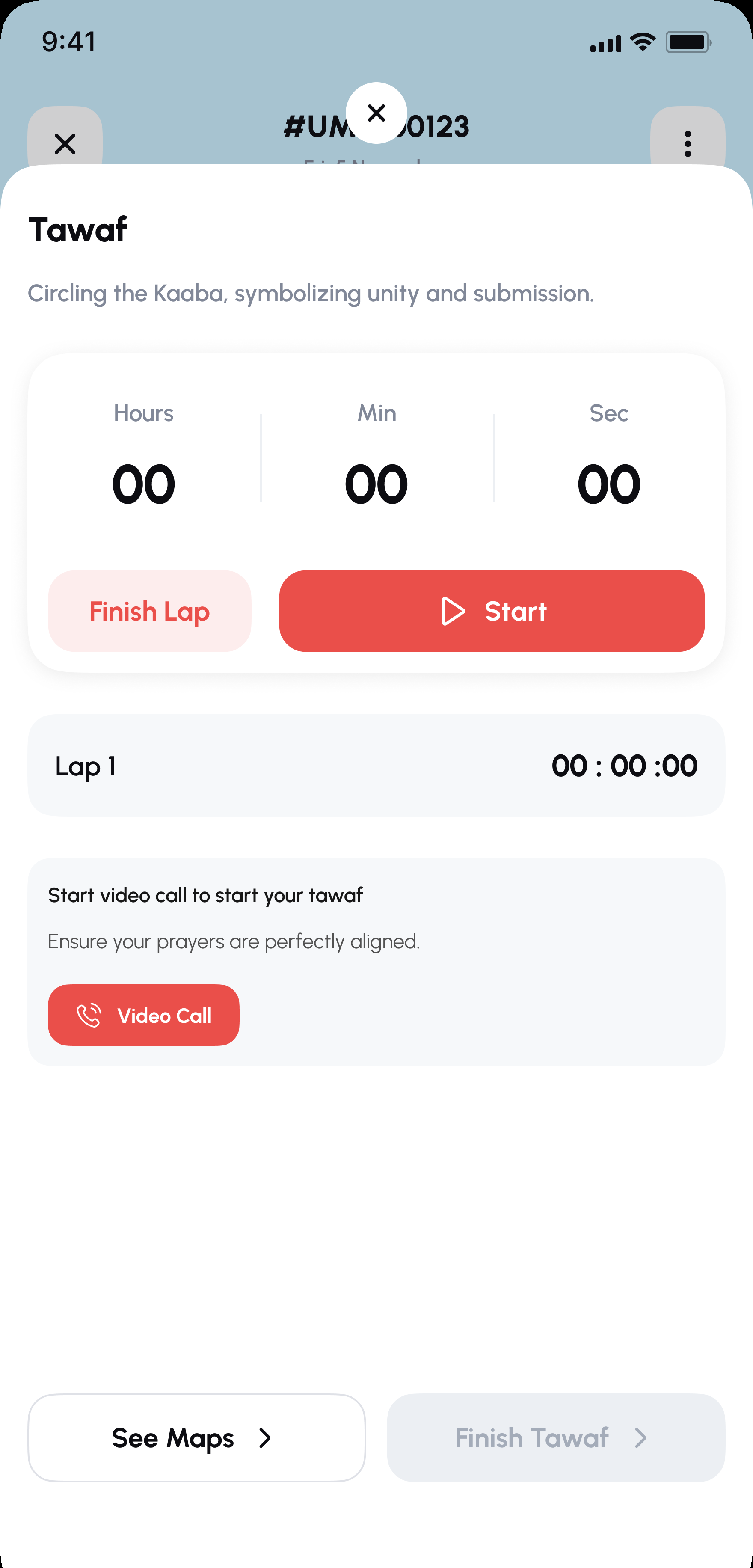 Ommri Badal Umrah Tawaf lap timer with a video call prompt to begin