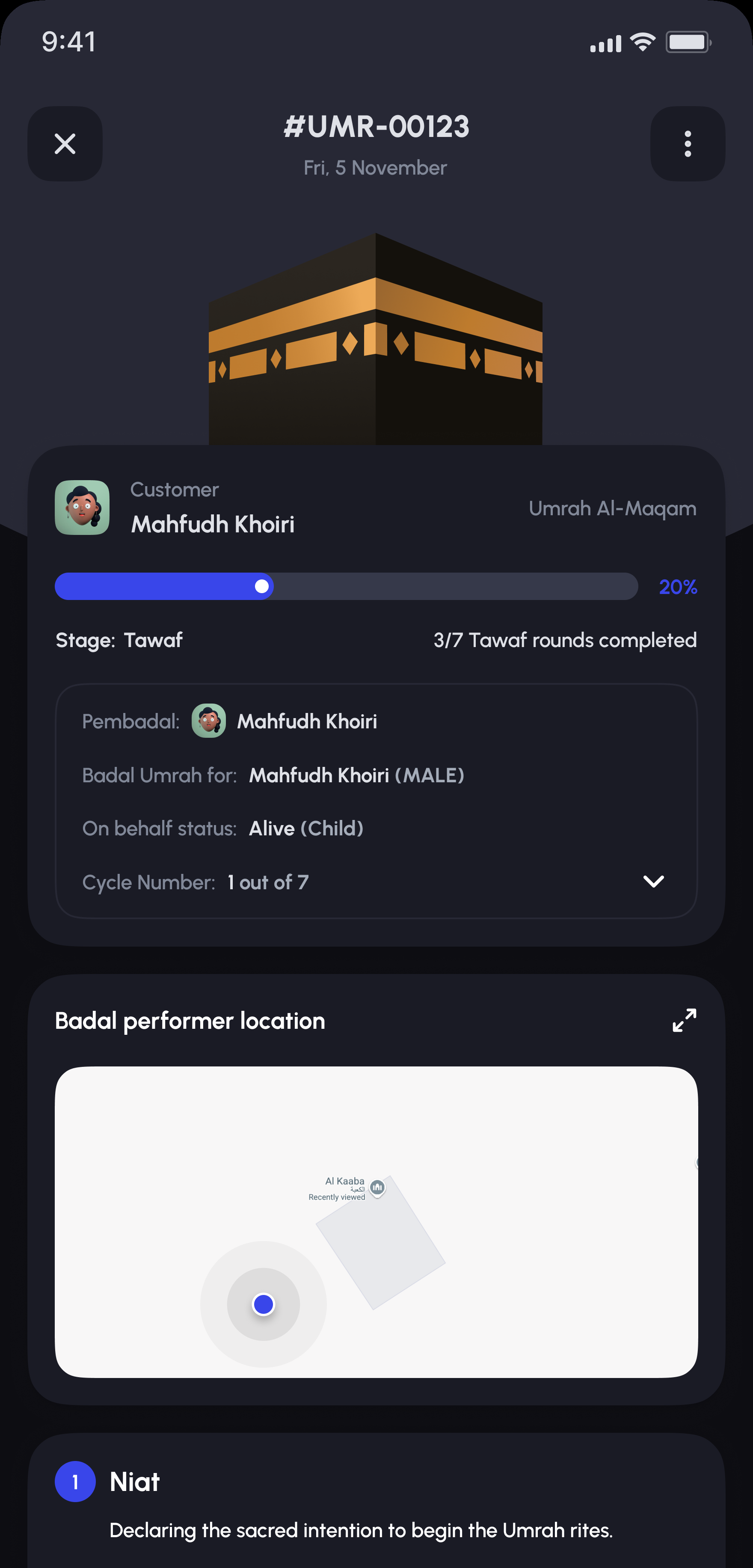 Ommri Badal Umrah task detail screen with live performer location and ritual steps