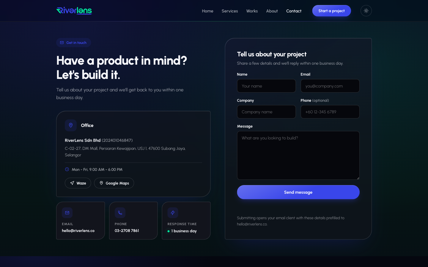 RiverLens contact page with project enquiry form