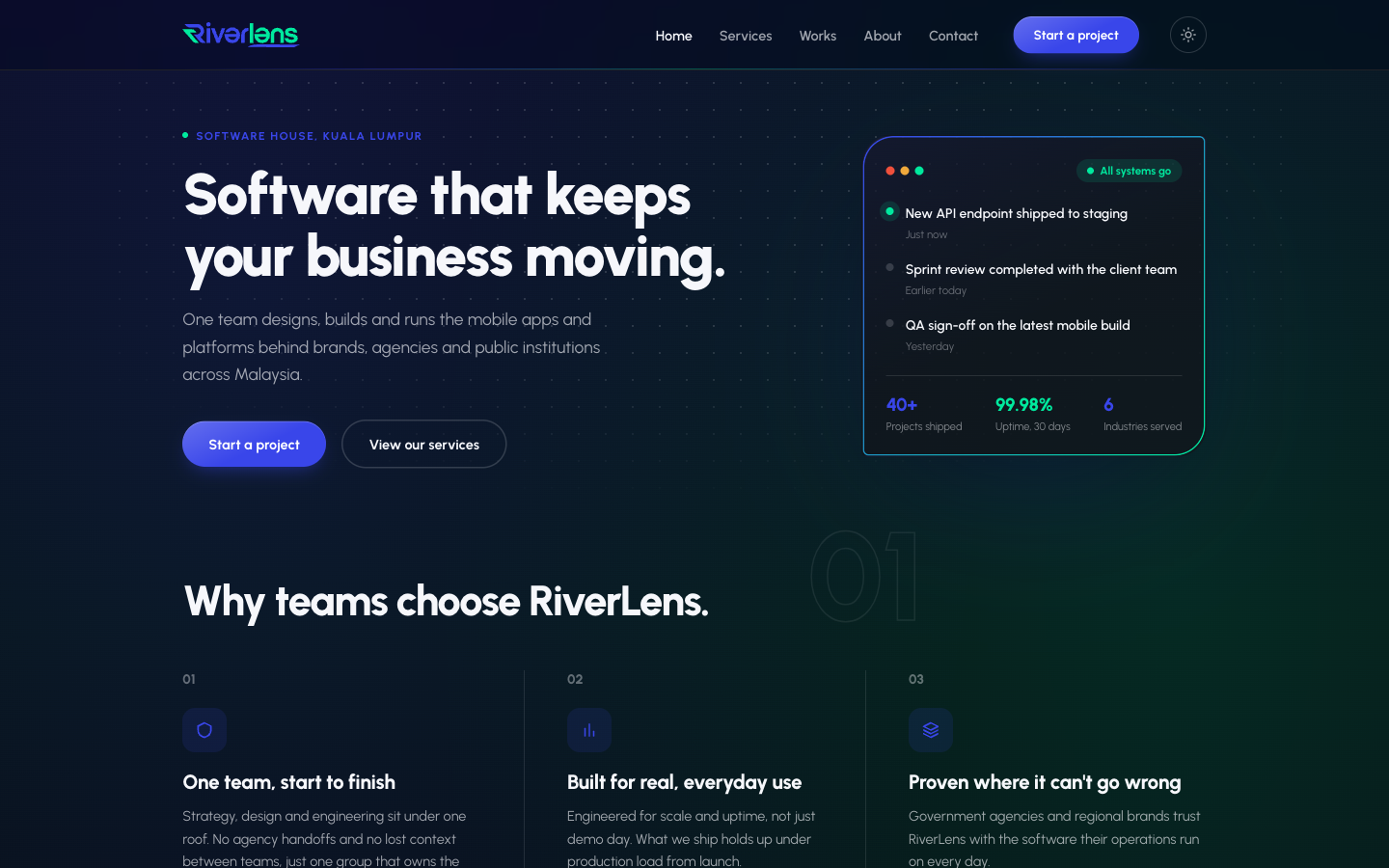 RiverLens homepage dashboard