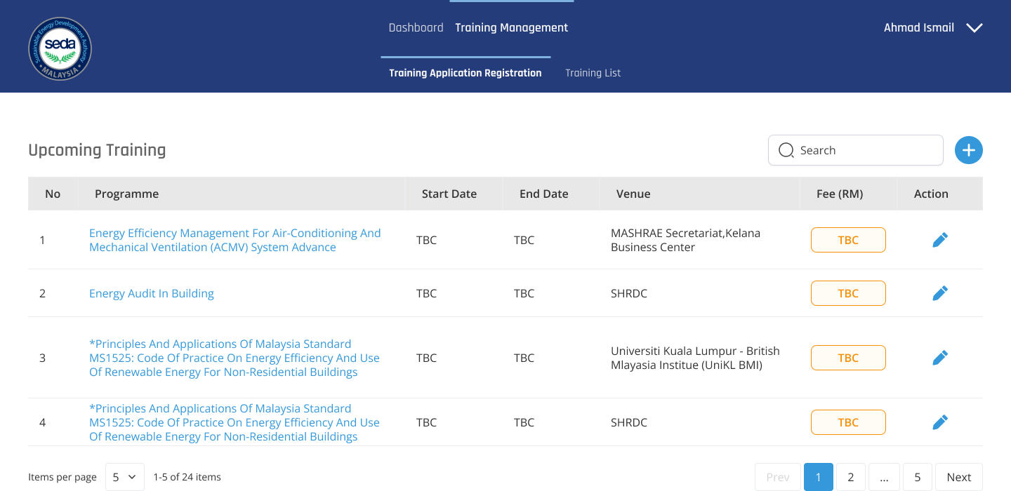 SEDA Training Management upcoming training list