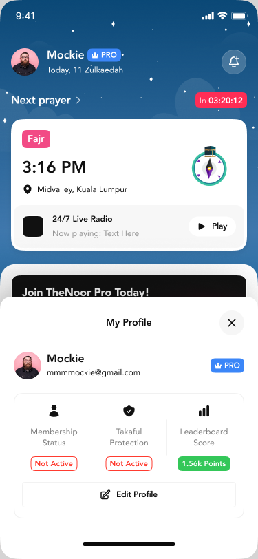 TheNoor home dashboard with a prayer countdown, live radio, and daily prayer tracker