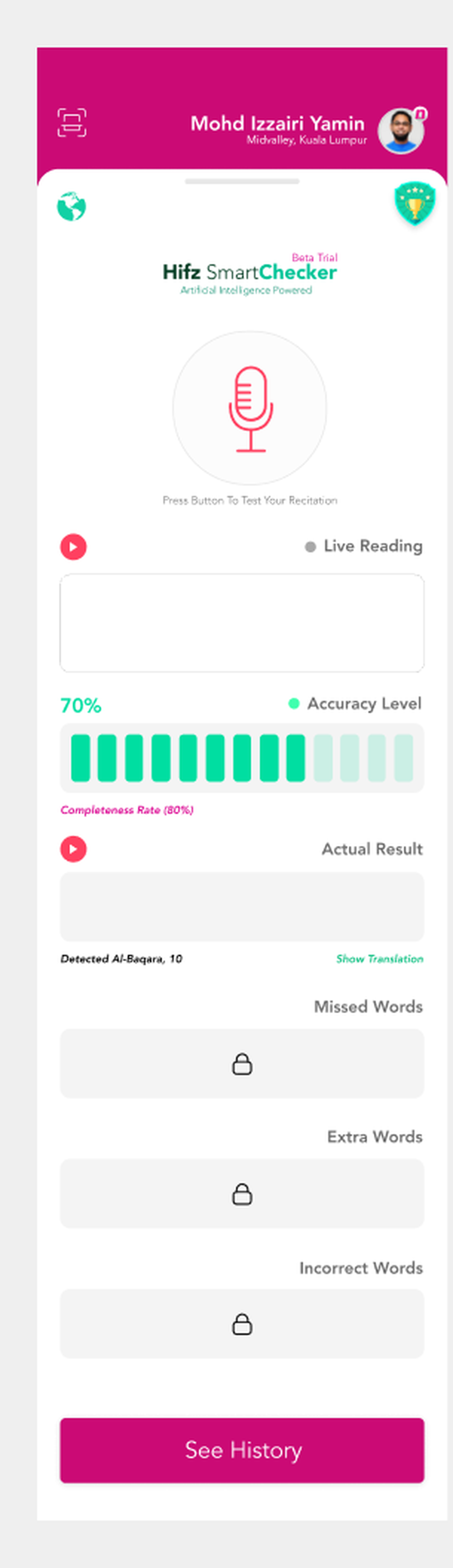 TheNoor Hifz SmartChecker screen showing live recitation accuracy scoring