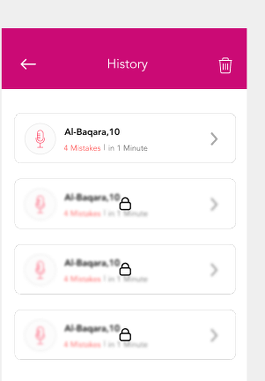 TheNoor Hifz SmartChecker history log of past recitation attempts