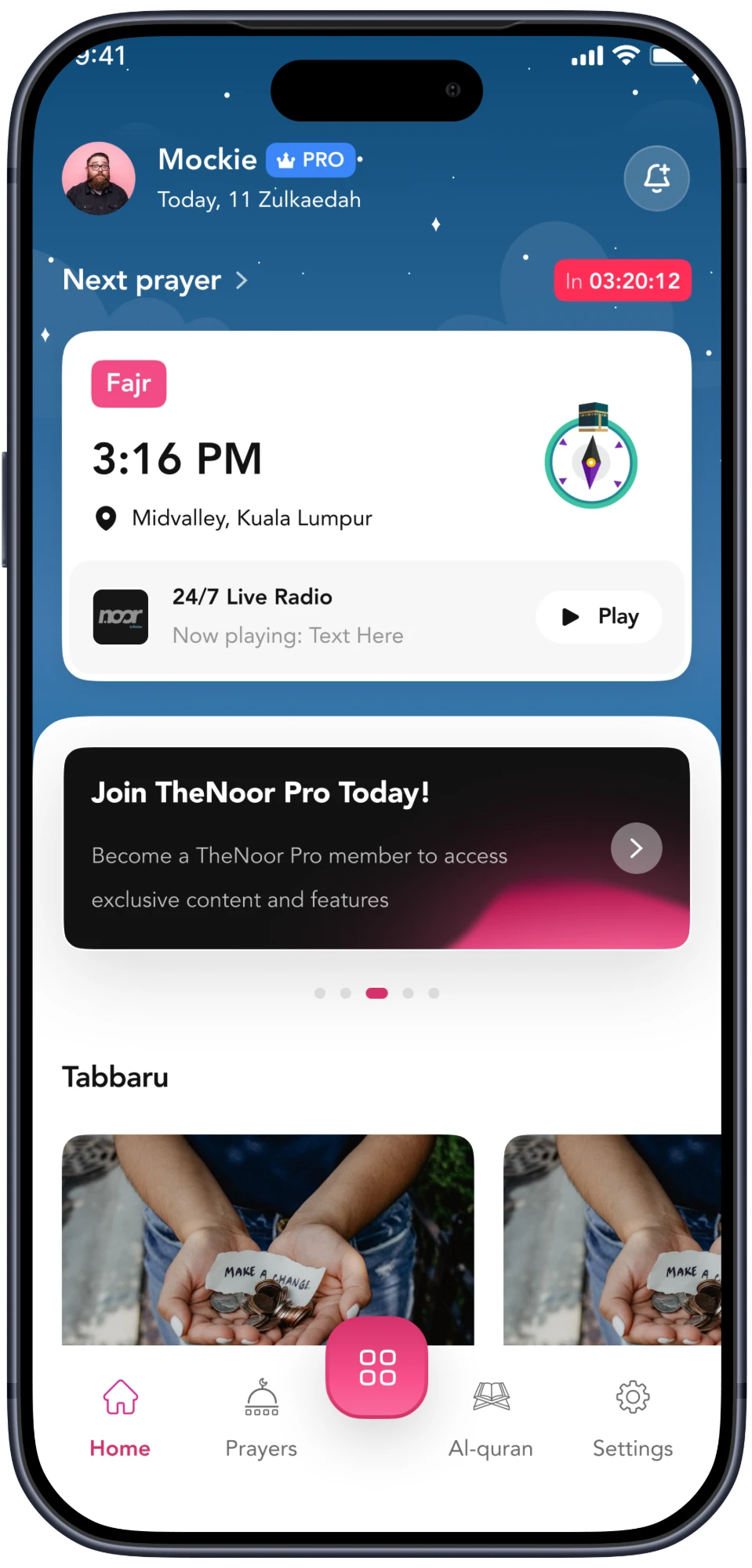 TheNoor home dashboard shown in an iPhone frame