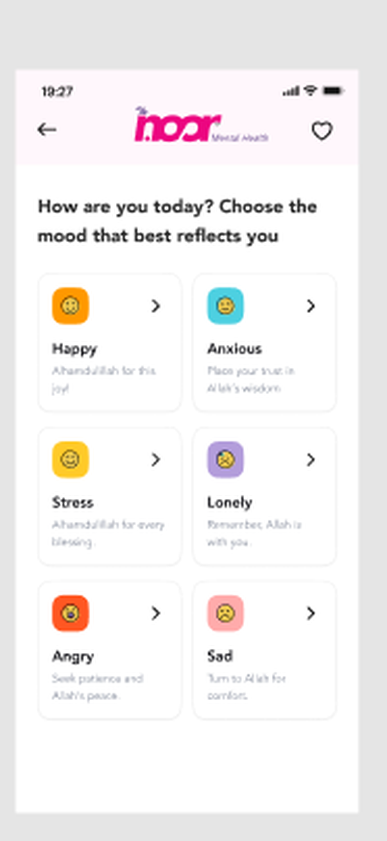 TheNoor mood check-in screen asking how are you today with six mood options