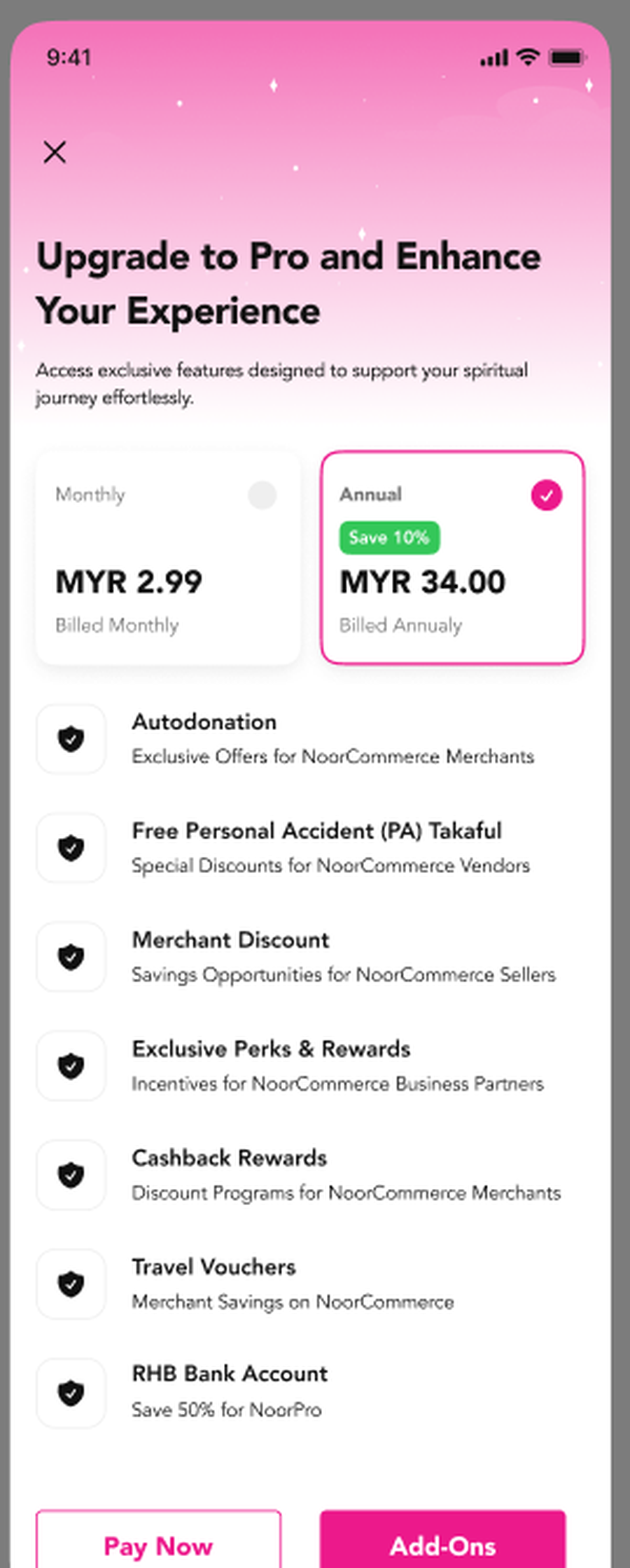 TheNoor Pro membership plan screen with monthly and annual pricing and included perks