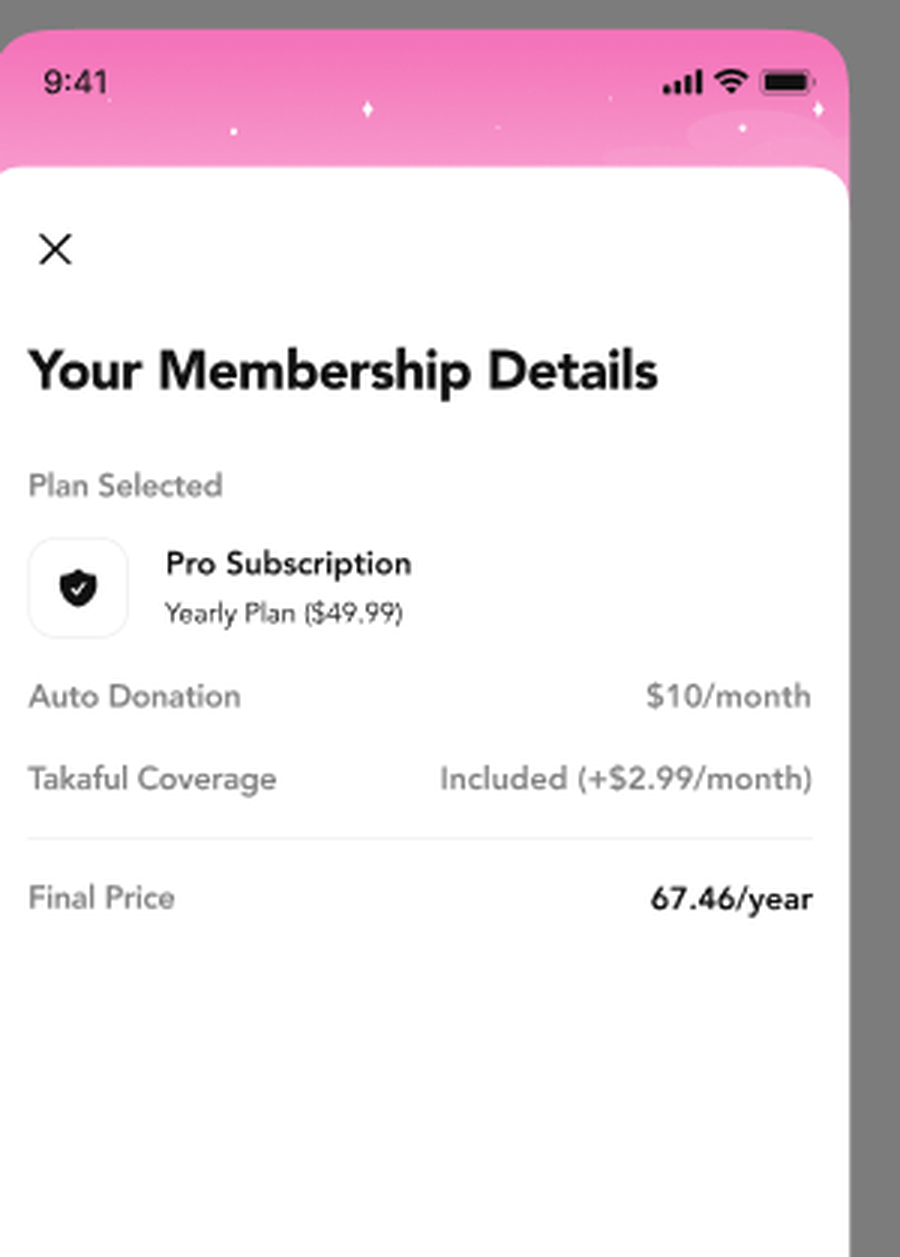 TheNoor membership summary screen itemizing subscription, donation, and Takaful coverage
