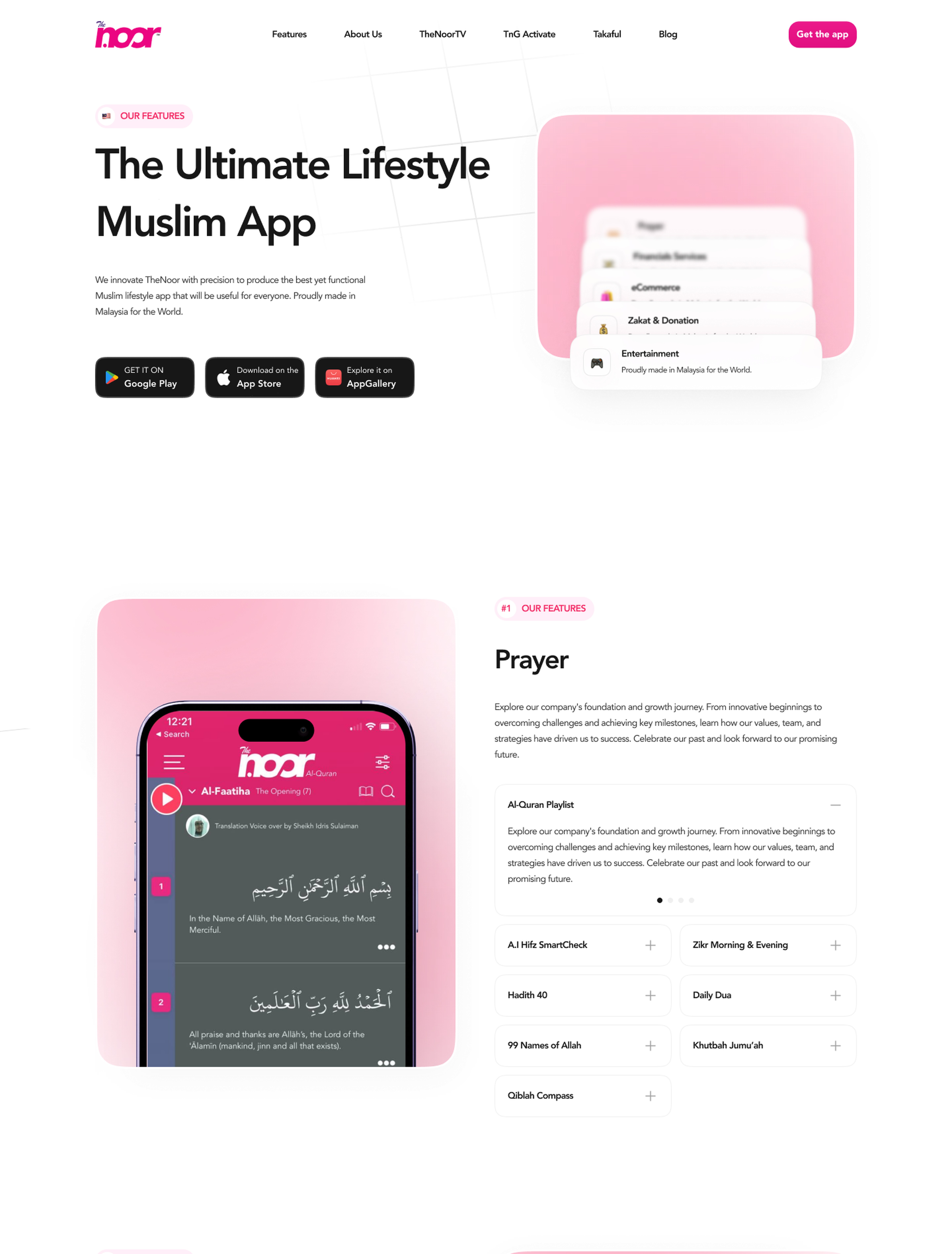 TheNoor website Features page listing Prayer, Entertainment, Zakat, Financial Services, and eCommerce